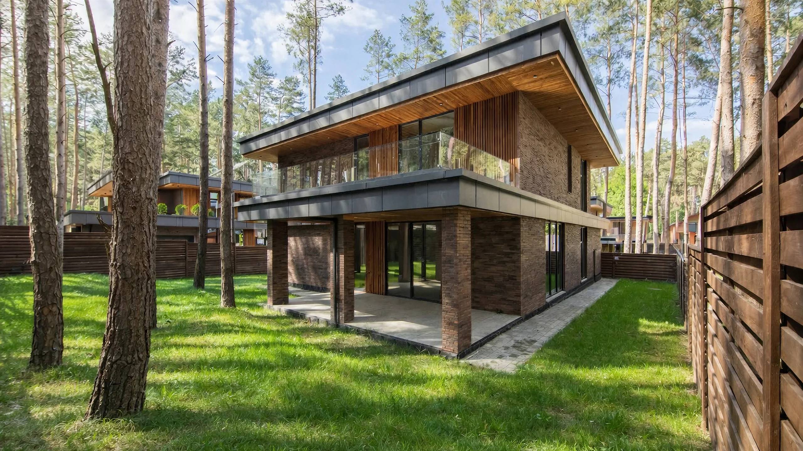 Фасад построенного двухэтажный дома 264 м² с современной отделкой