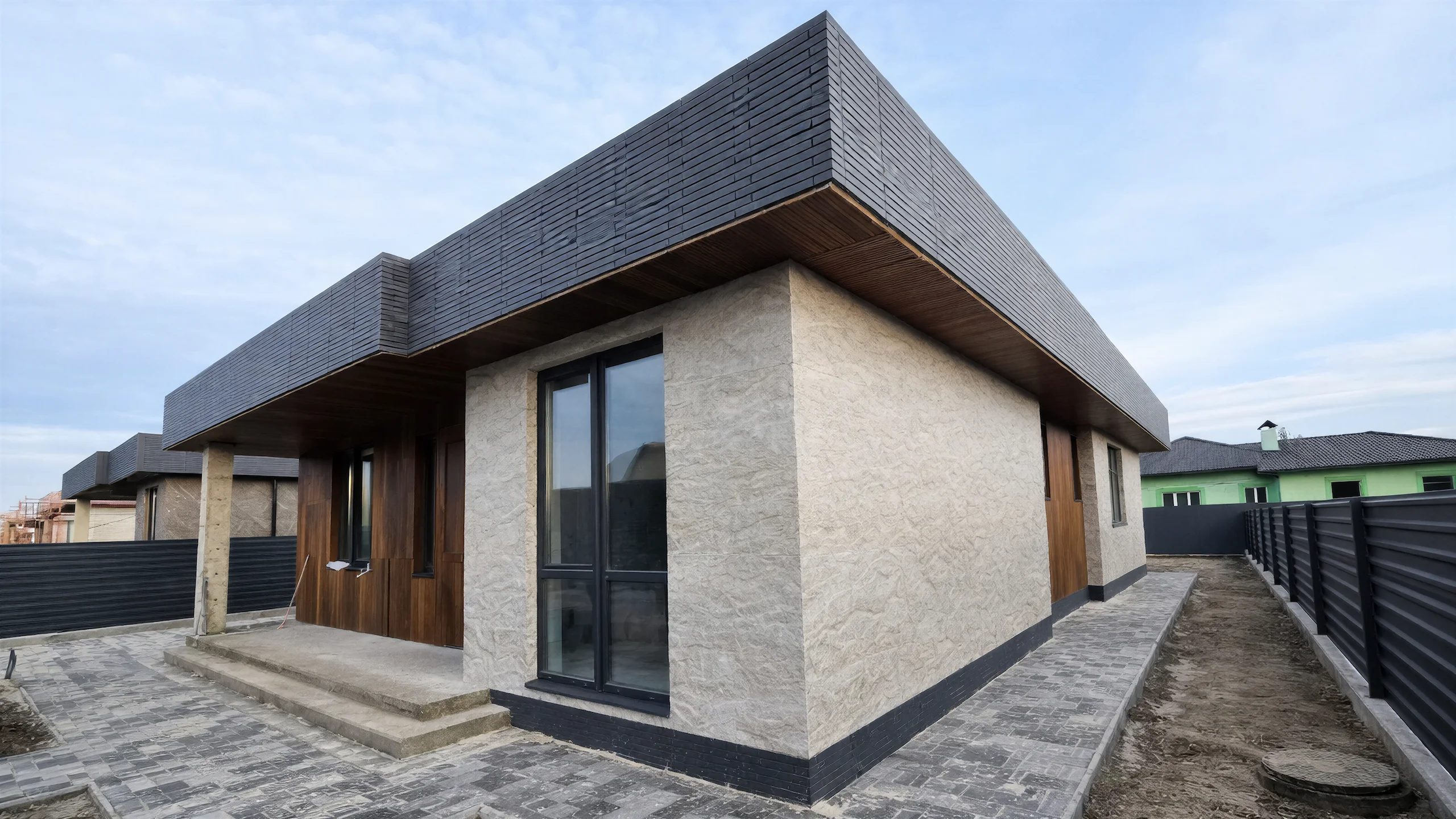 Реализованный фасад построенного дома 160 м² с кровлей и окнами