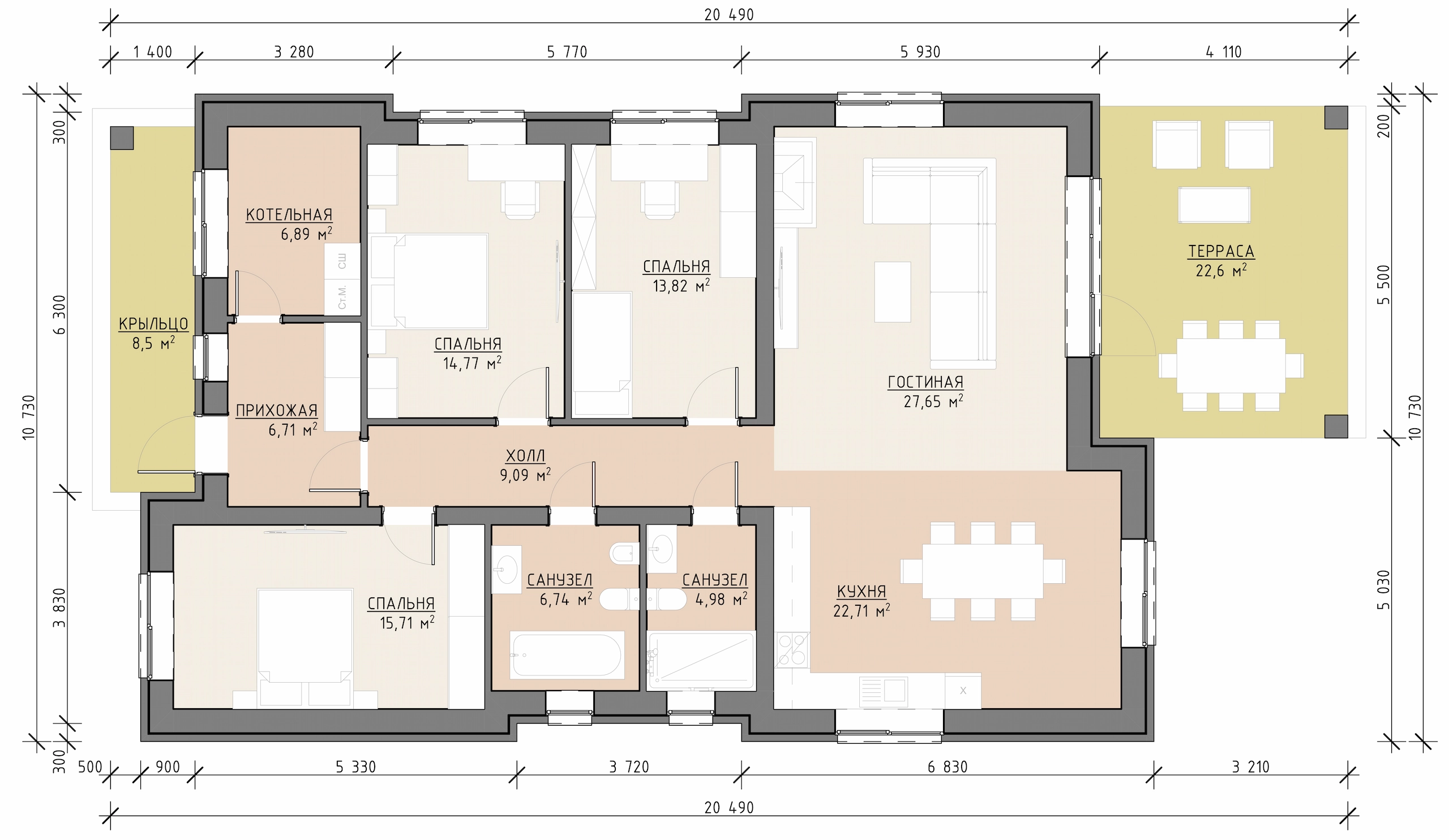 Планировка построенного одноэтажного дома 160 м² с жилыми комнатами