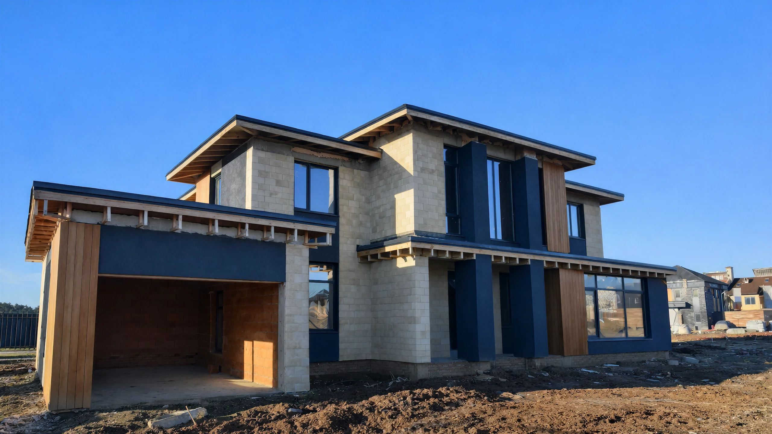 Реализованный фасад построенного дома 278 м² с кровлей и окнами