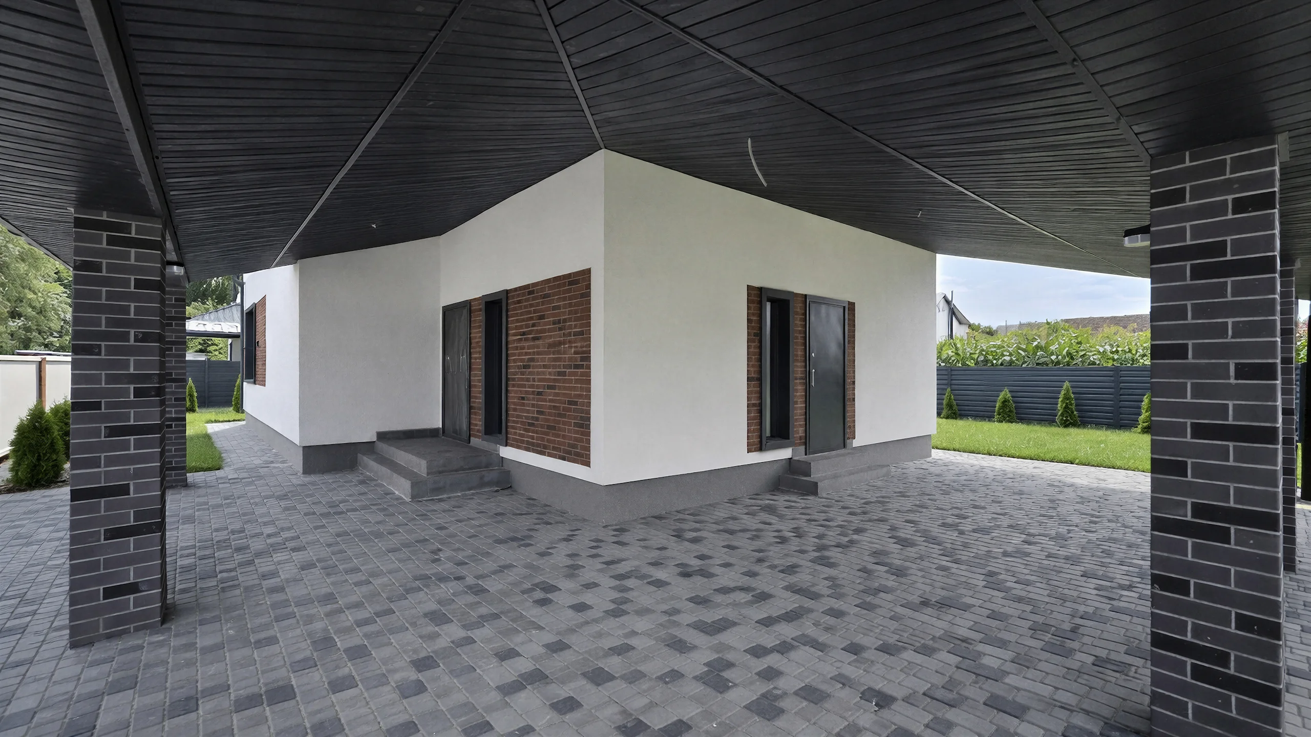 Реализованный фасад построенного дома 250 м² с кровлей и окнами