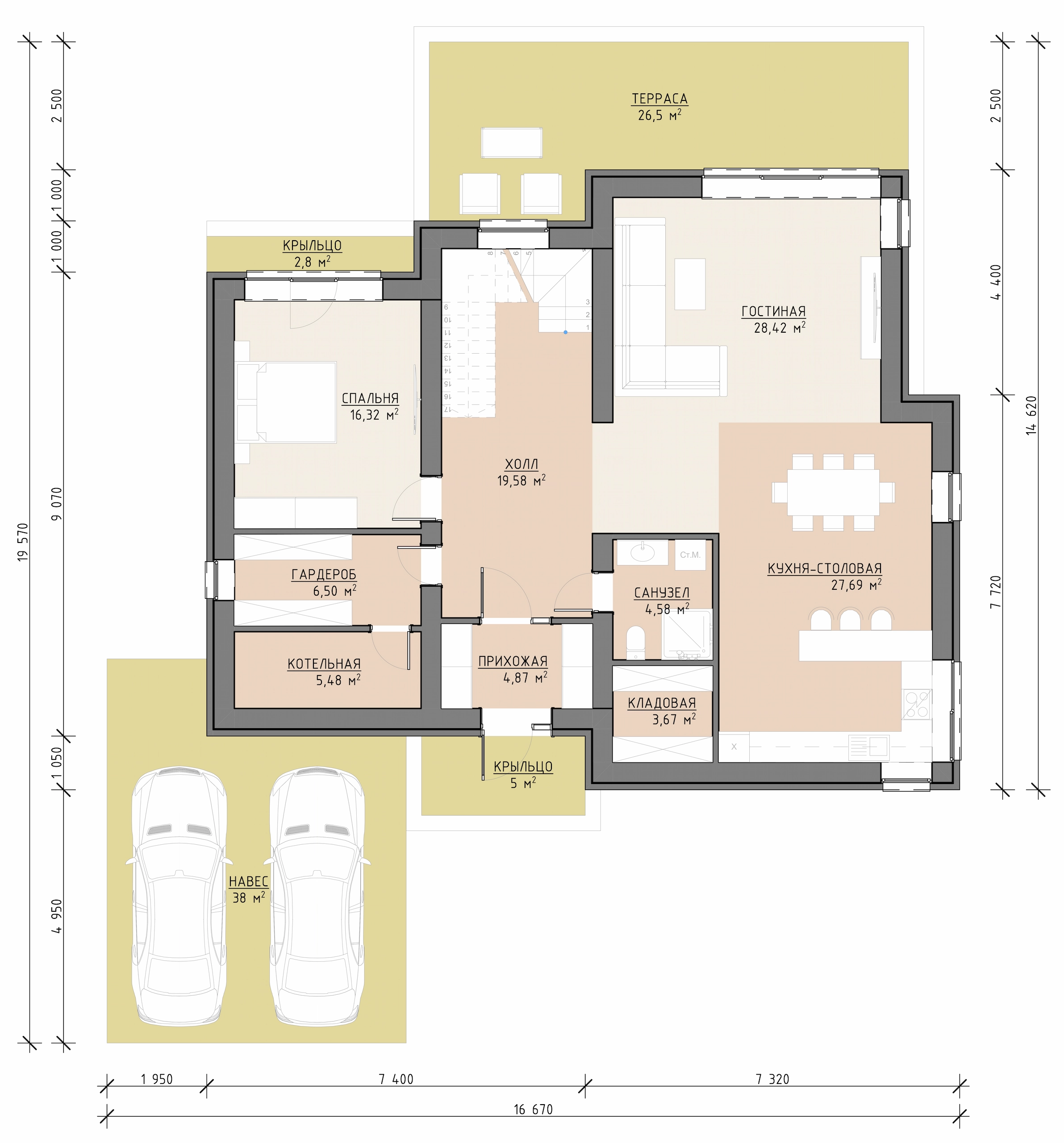 Планировка первого этажа дома Капустин 292 м² с террасой, навесом для двух машин и кухней-столовой