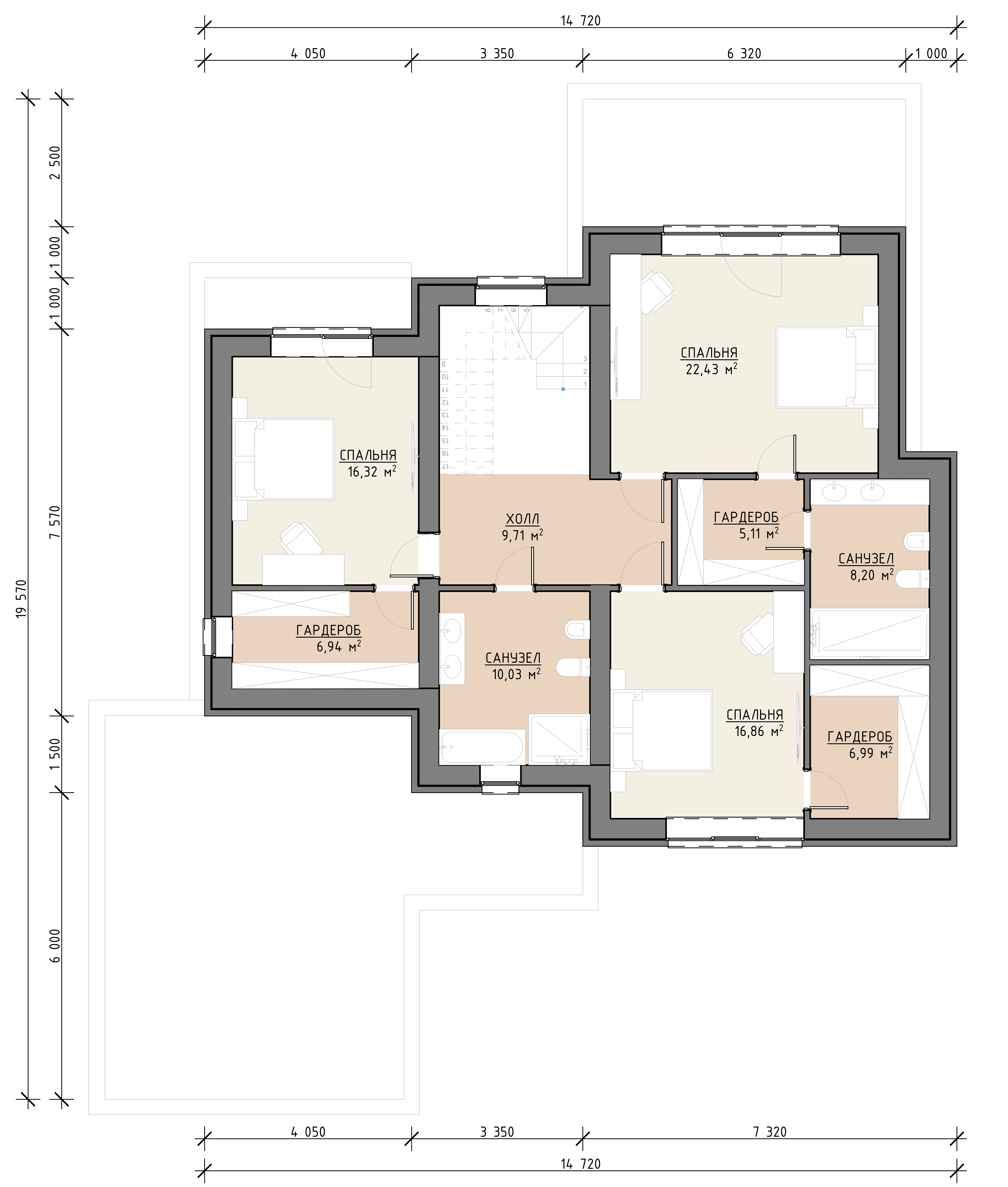 Планировка второго этажа дома Капустин 292 м² со спальнями, гардеробными и санузлами