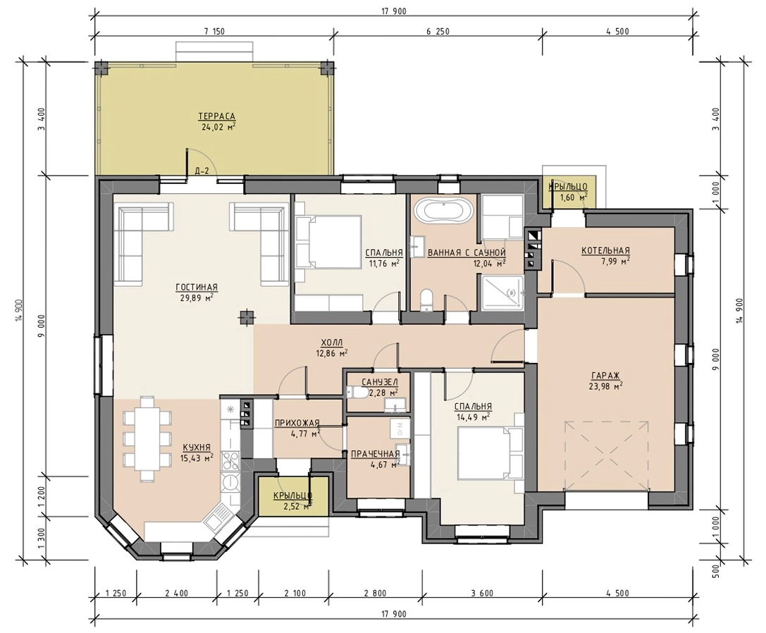 Планировка построенного одноэтажного дома 168 м² с жилыми комнатами