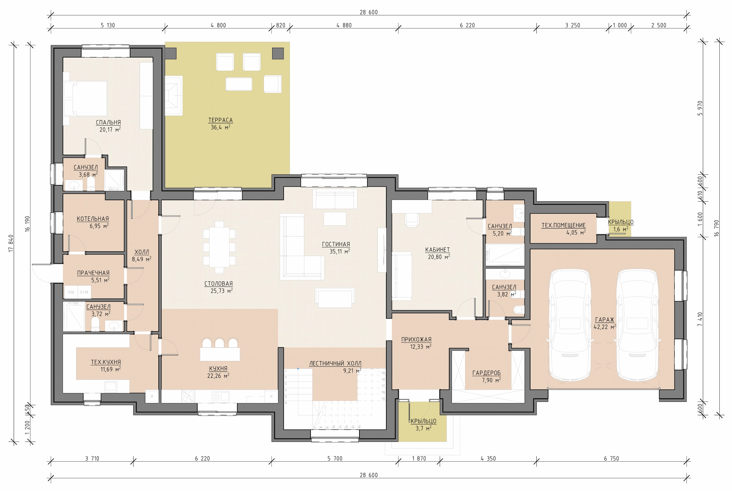 Планировка первого этажа дома Гинзбург 478 м² с гаражом на две машины, кабинетом и террасой