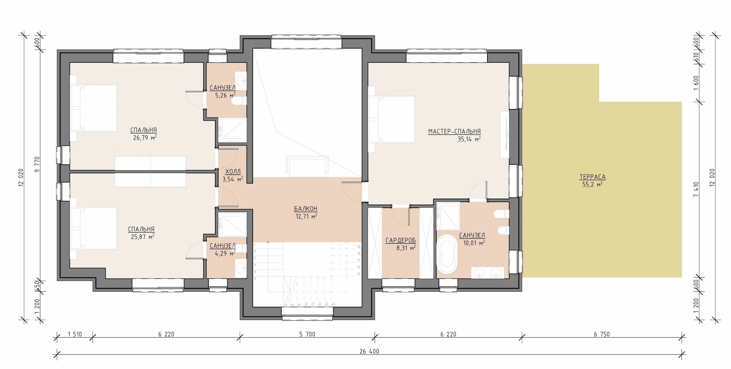 Планировка второго этажа дома Гинзбург 478 м² с мастер-спальней, тремя спальнями и большой террасой