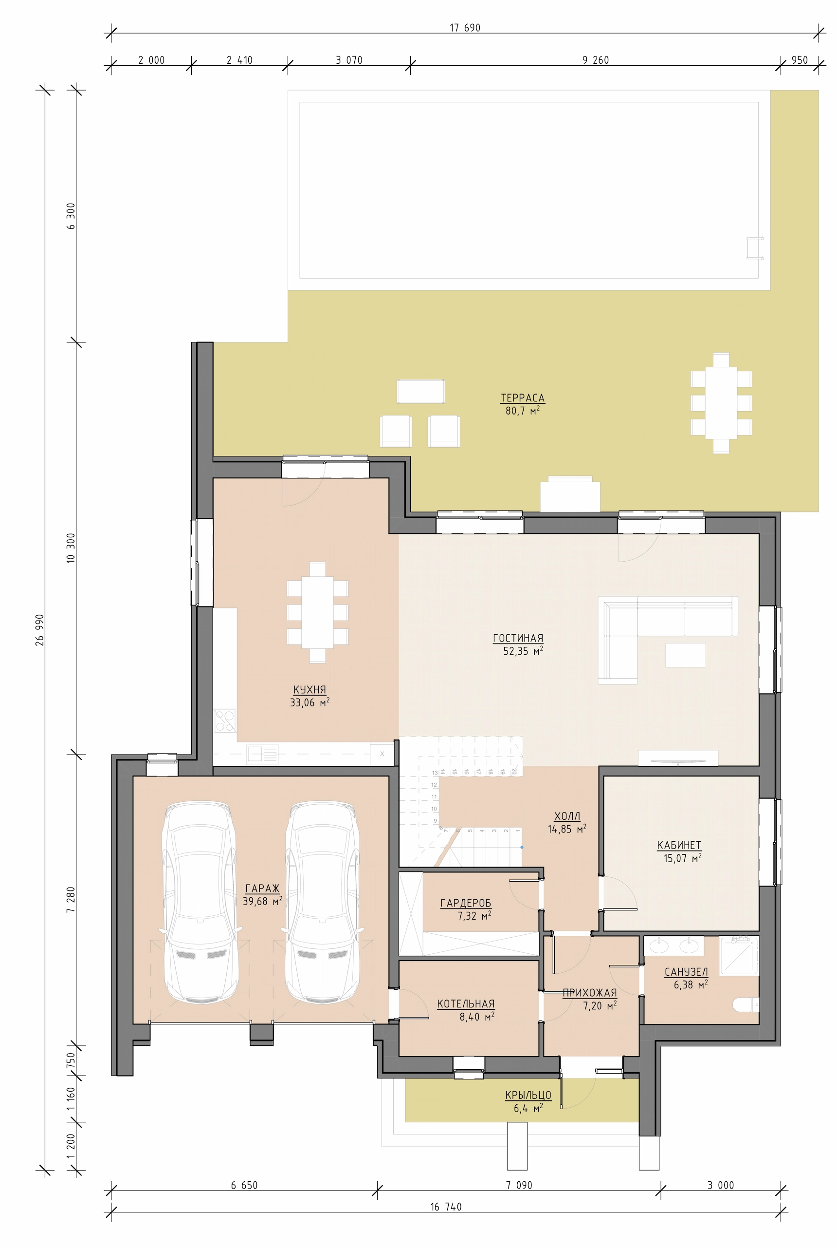 Планировка первого этажа построенного двухэтажного дома 524 м² со спальнями и санузлами