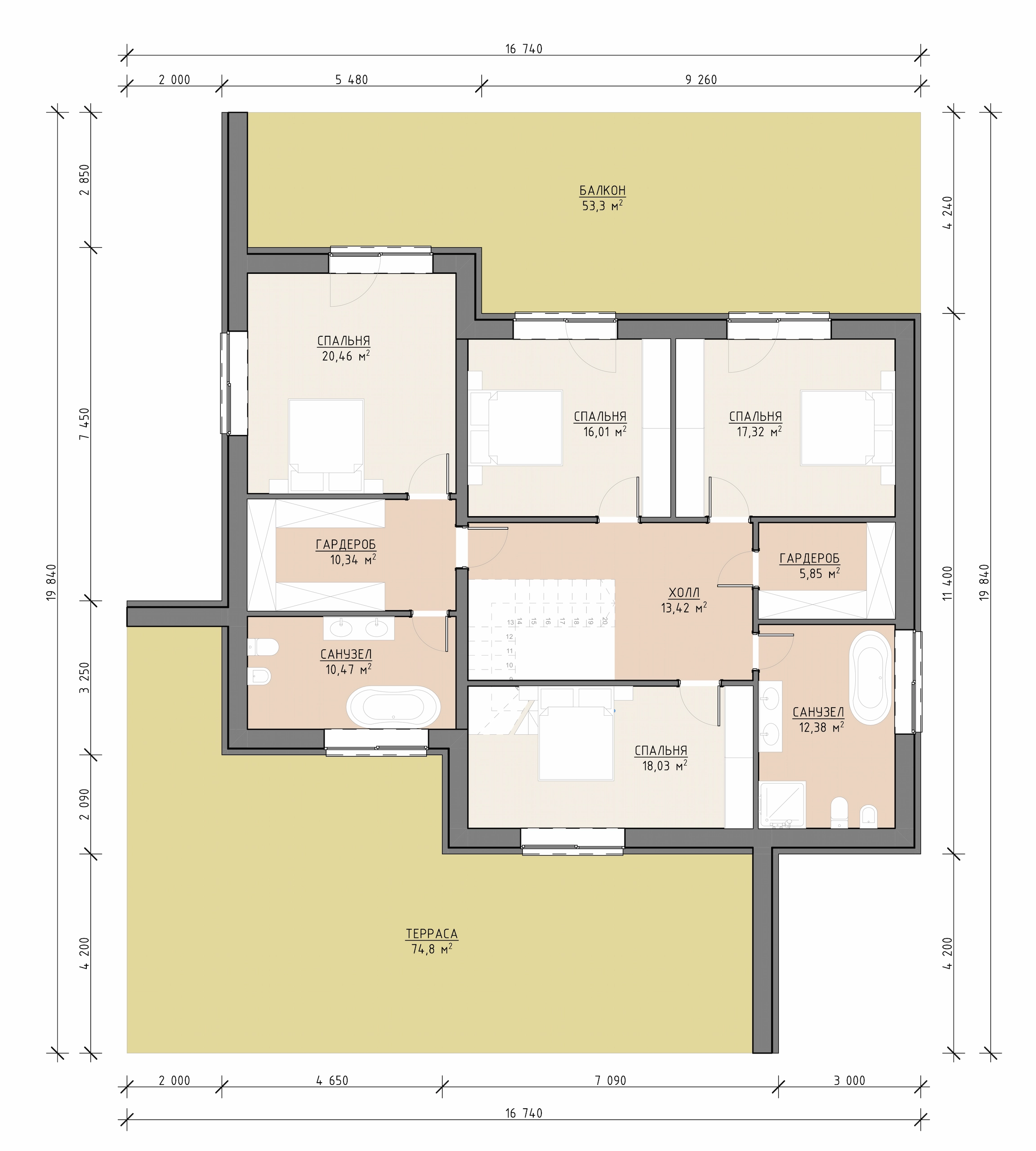 Планировка второго этажа построенного двухэтажного дома 524 м² со спальнями и санузлами