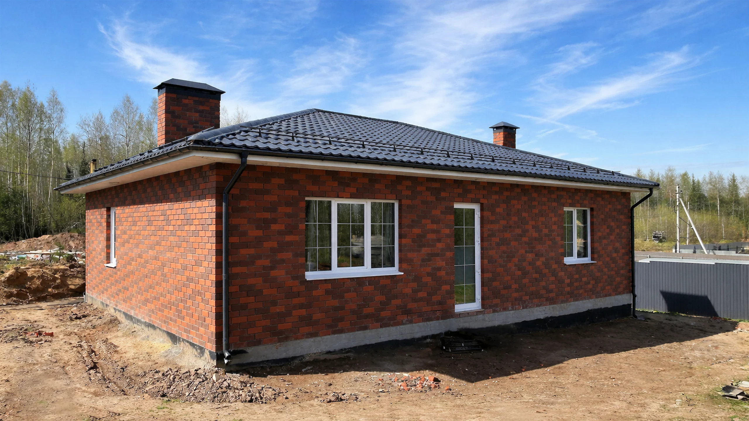Боковой фасад построенного каменного дома 92 м² с большими окнами