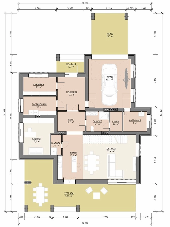 Планировка первого этажа дома Скуратов 365 м² с гаражом, навесом, сауной, кабинетом и террасой