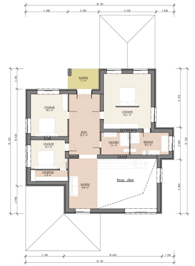 Планировка второго этажа дома Скуратов 365 м² со спальнями, балконами и зоной второго света