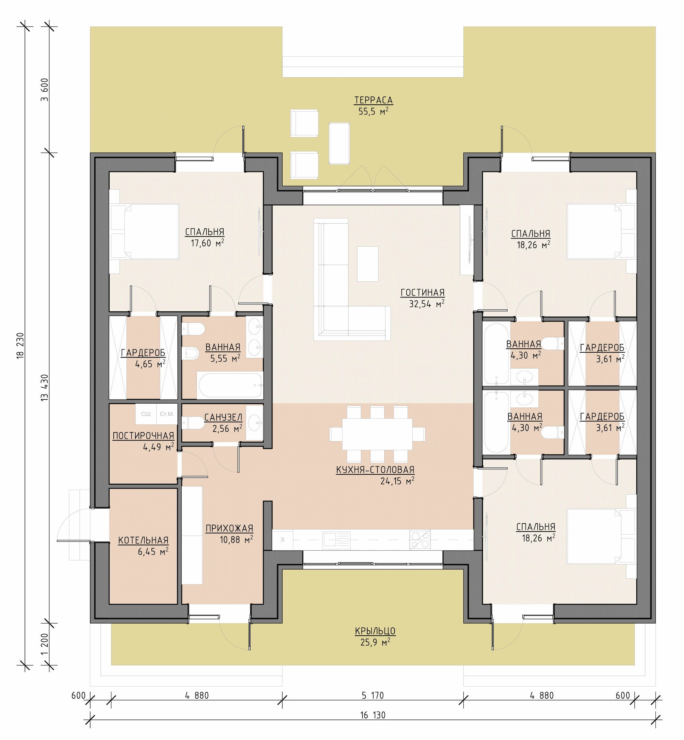 Планировка построенного одноэтажного дома 243 м² с жилыми комнатами