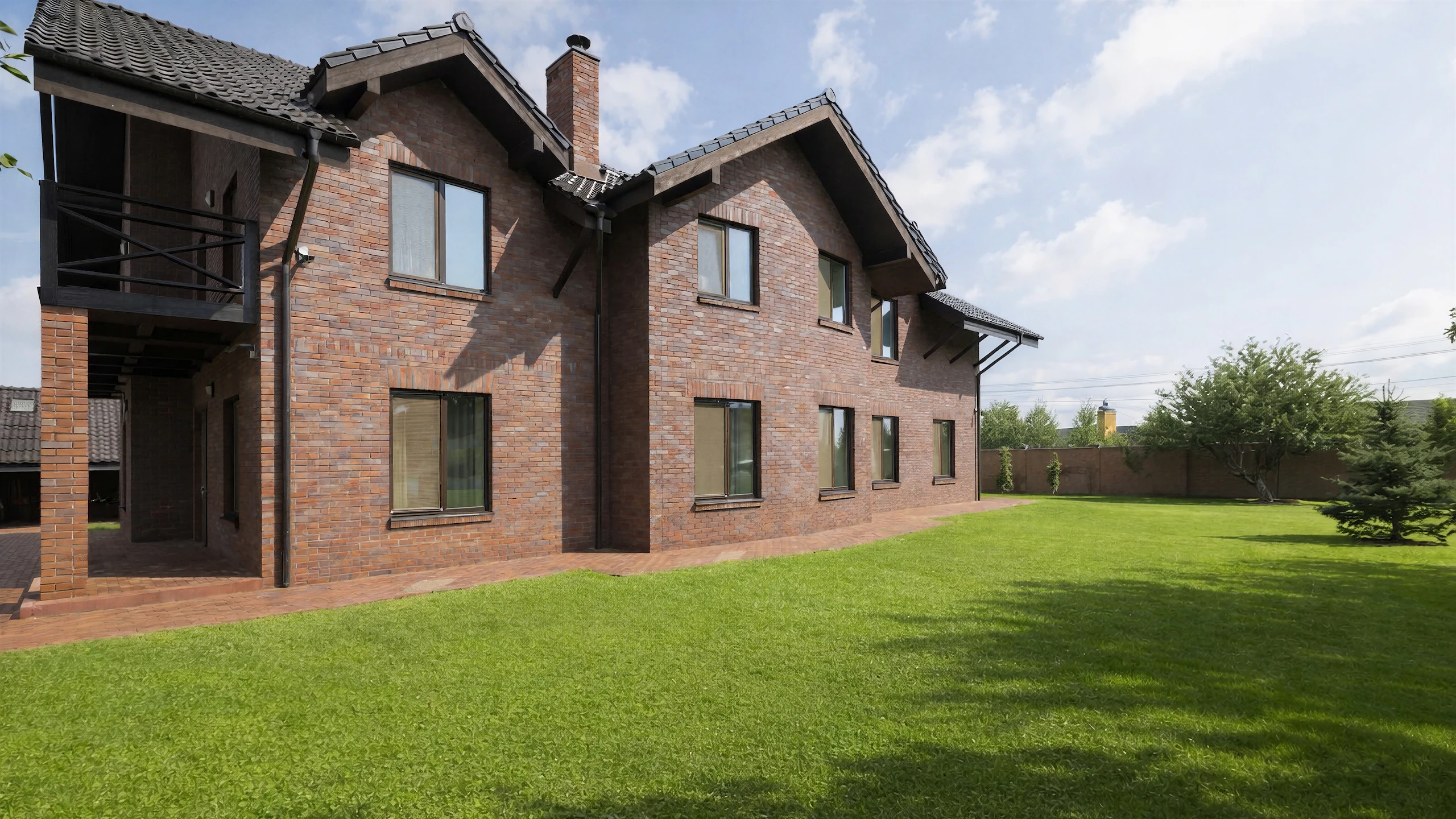 Реализованный фасад построенного дома 499 м² с кровлей и окнами