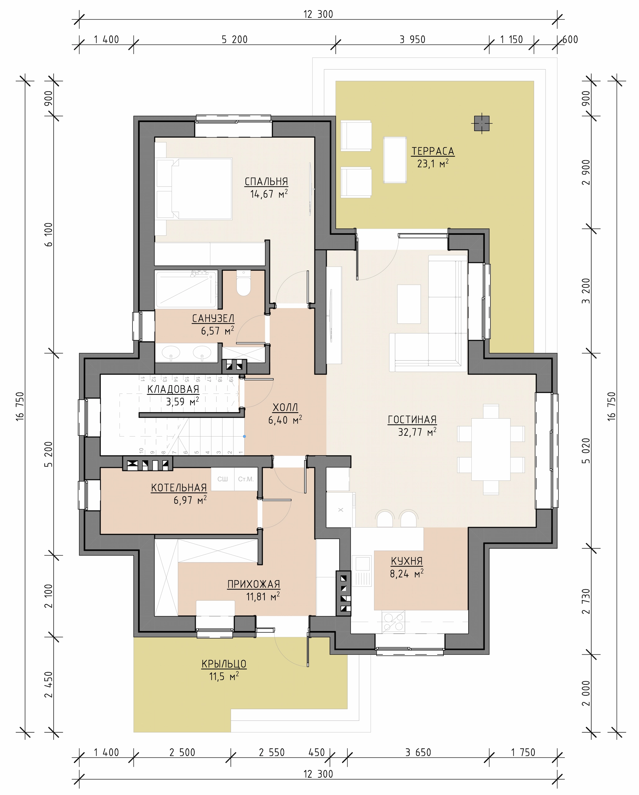 Планировка первого этажа двухэтажного дома 230 м² с гостиной, кухней, спальней, котельной, кладовой и террасой