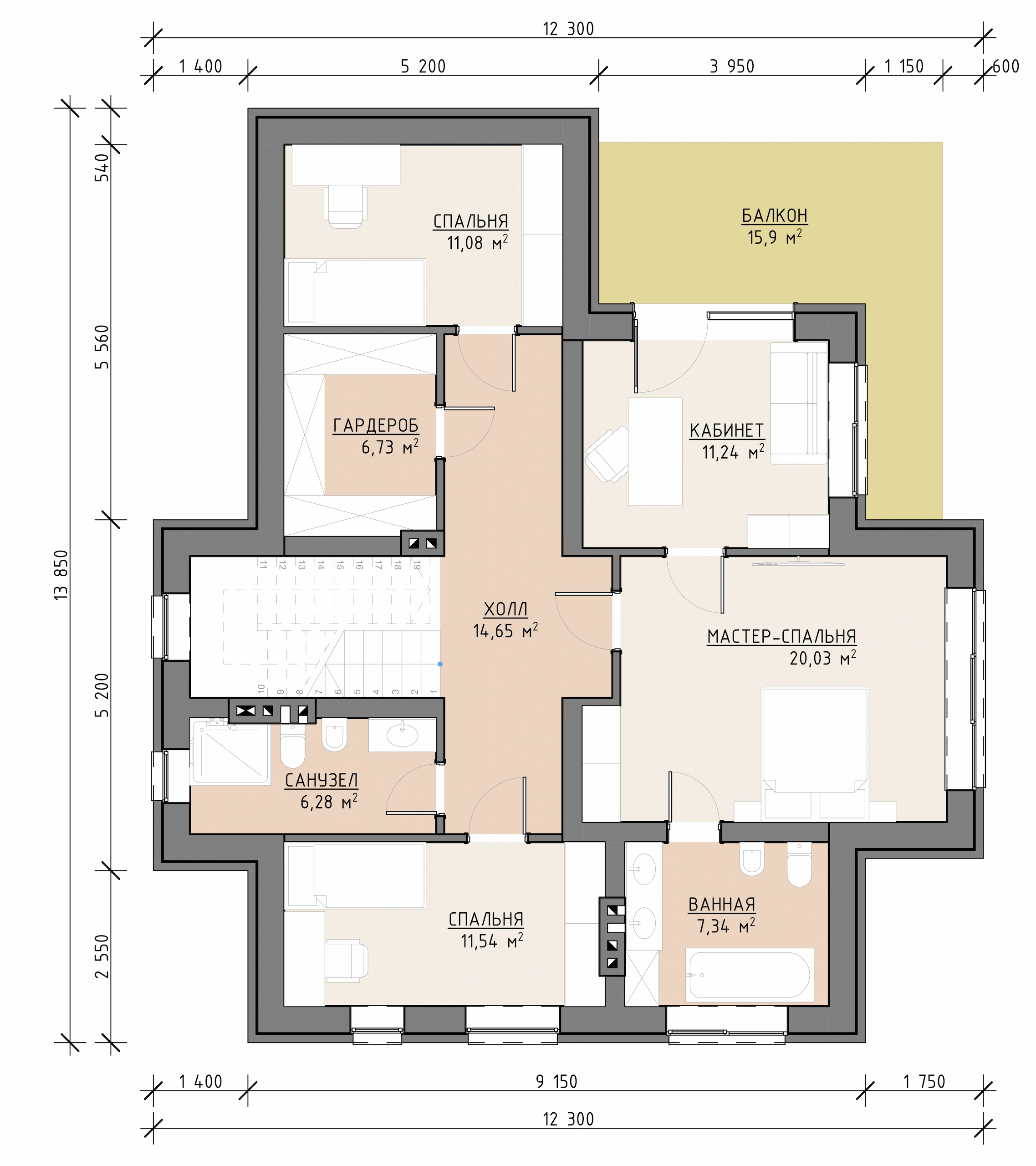 Планировка второго этажа двухэтажного дома 230 м² с мастер-спальней, двумя спальнями, кабинетом, гардеробной и балконом