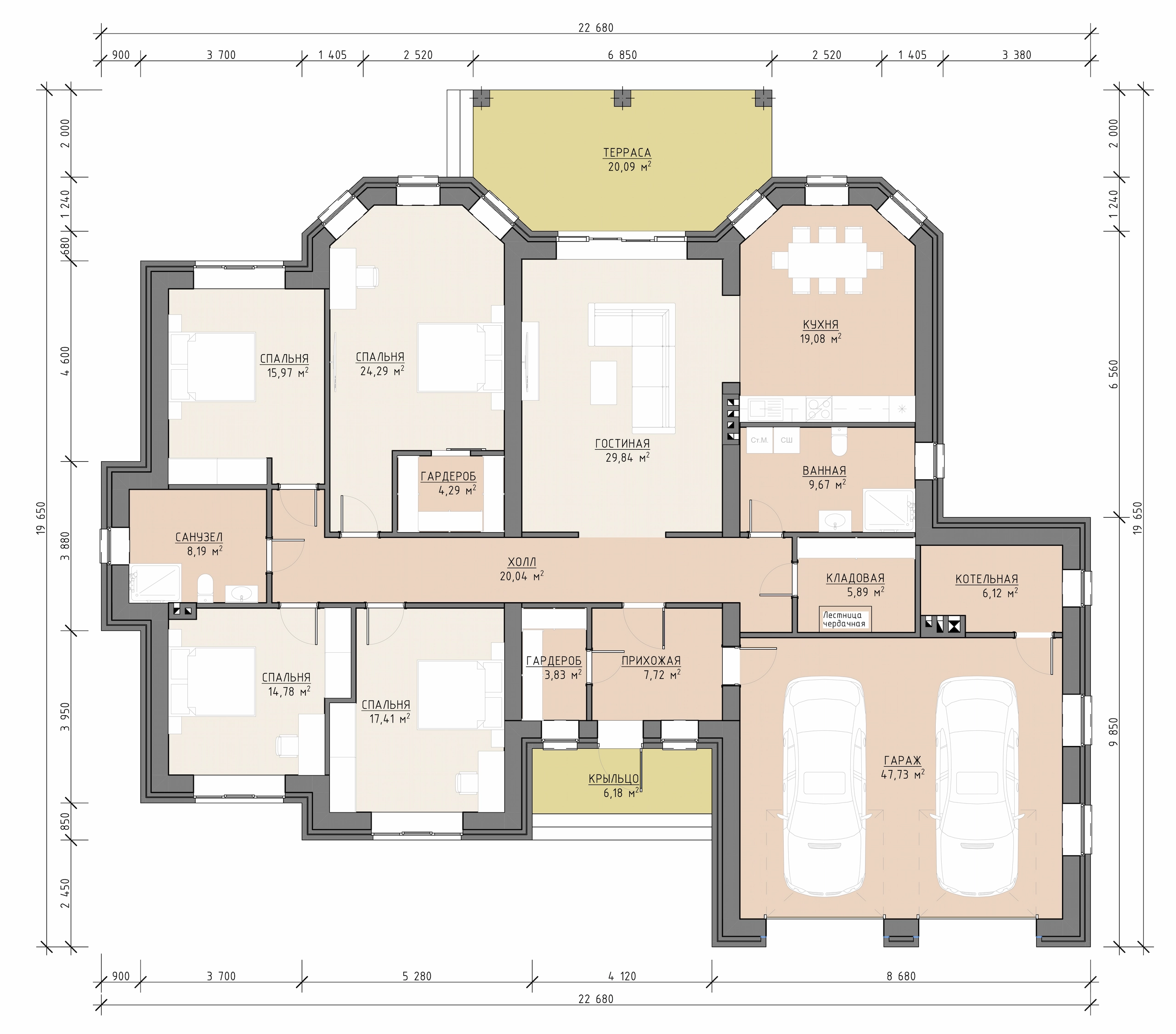 Планировка одноэтажного дома 261 м² с пятью спальнями, гостиной, кухней, гаражом на две машины и террасой