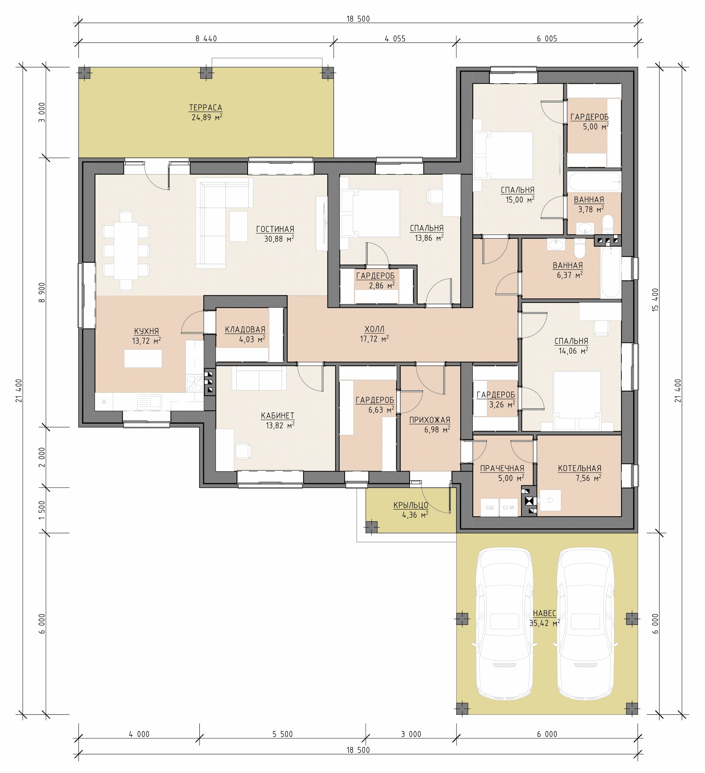 Планировка одноэтажного дома 220 м² с кухней-гостиной, четырьмя спальнями, кабинетом, навесом и террасой