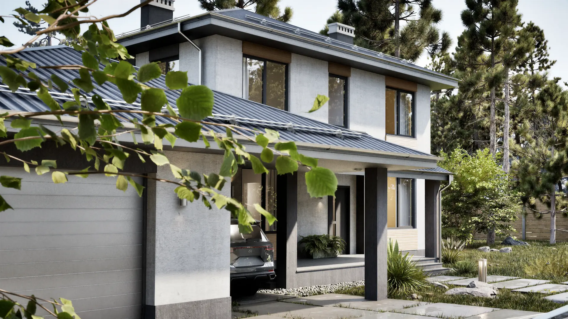 Крупный ракурс фасада с гаражом, навесом для автомобиля и вторым этажом