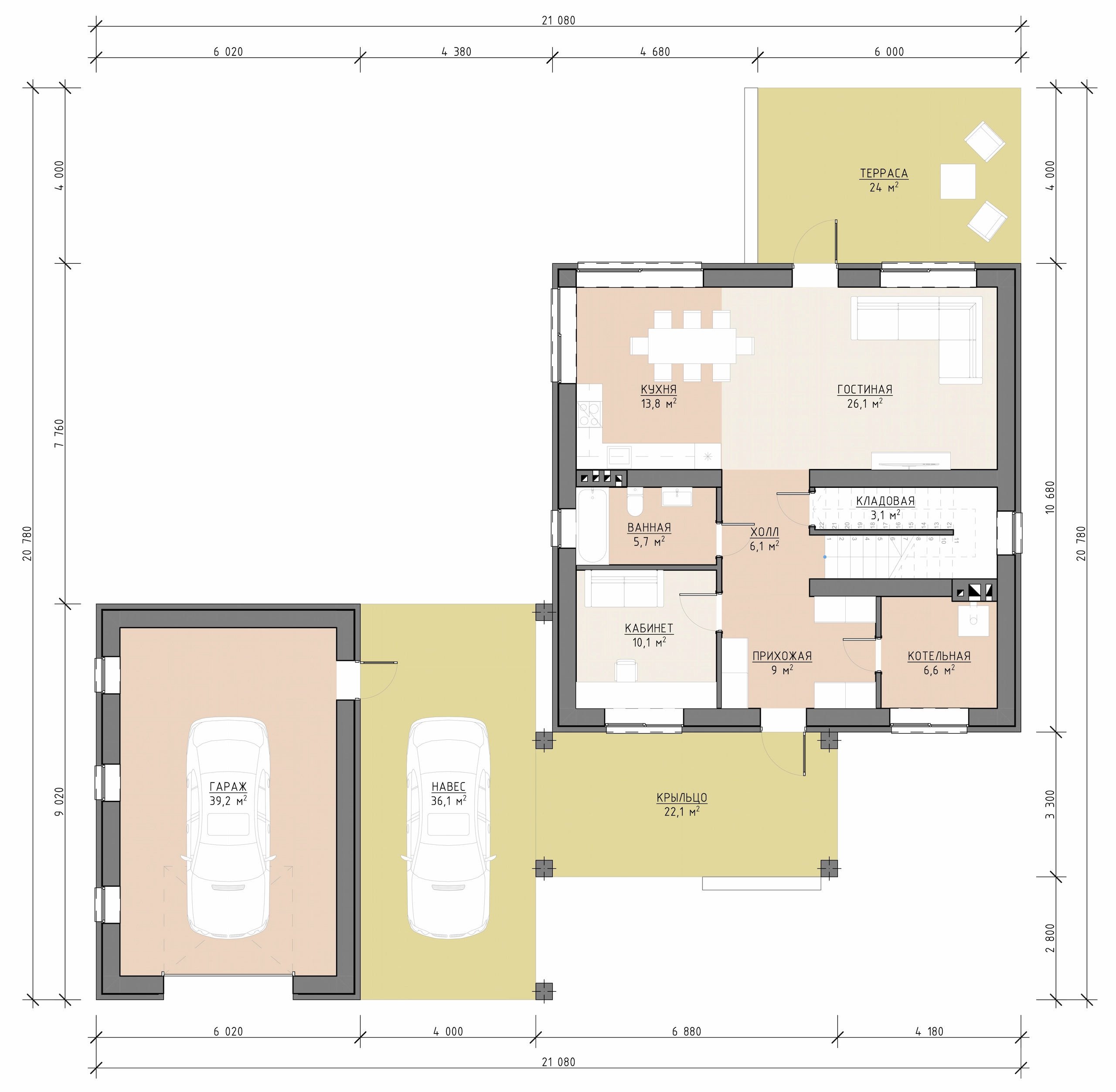 Планировка первого этажа двухэтажного дома 278 м² с кухней-гостиной, кабинетом, гаражом, навесом и террасой