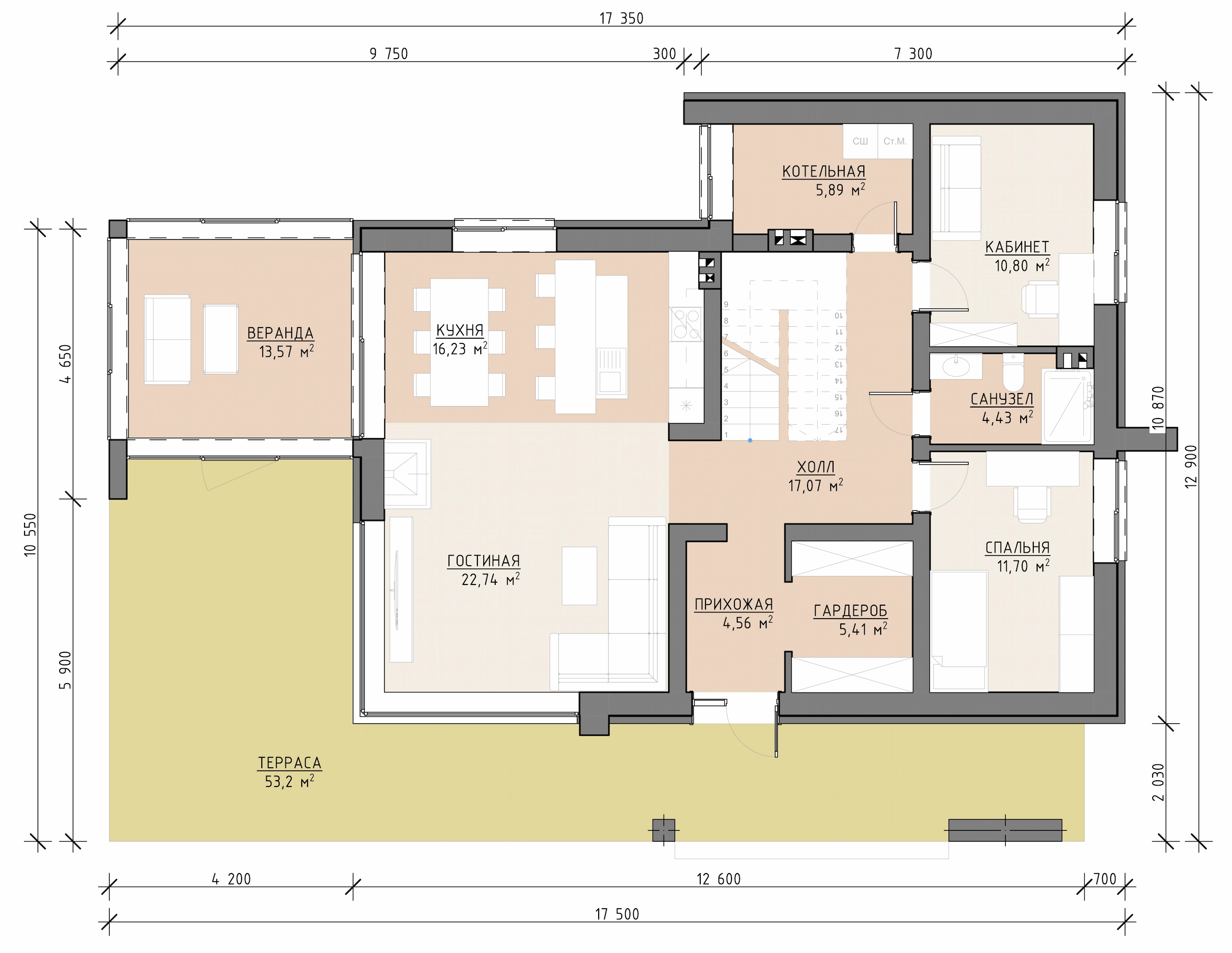 Планировка первого этажа двухэтажного дома 282 м² с гостиной, кухней, кабинетом, спальней, верандой и террасой