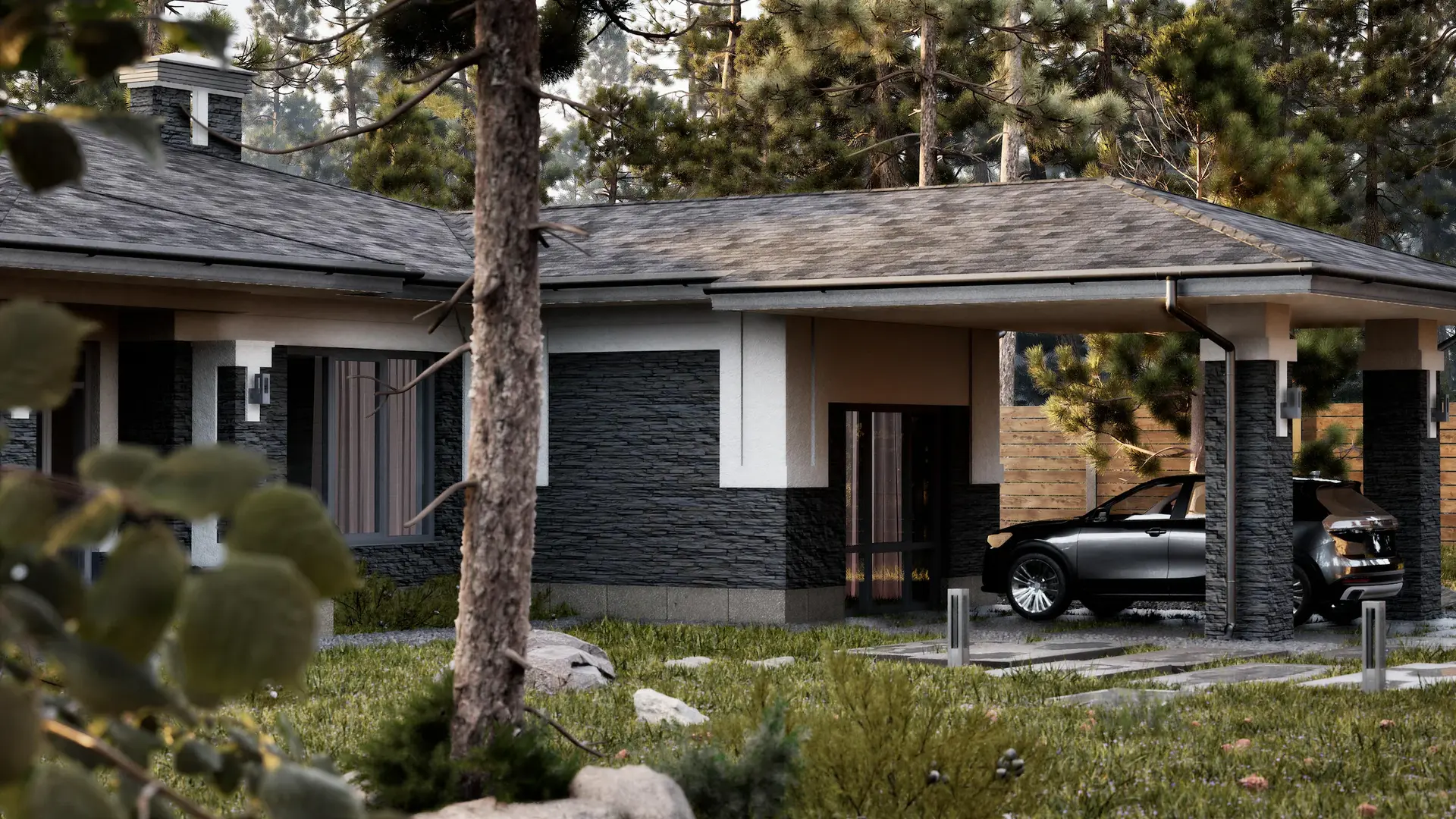 Дом 243 м² с навесом для автомобиля, входной группой и каменной отделкой