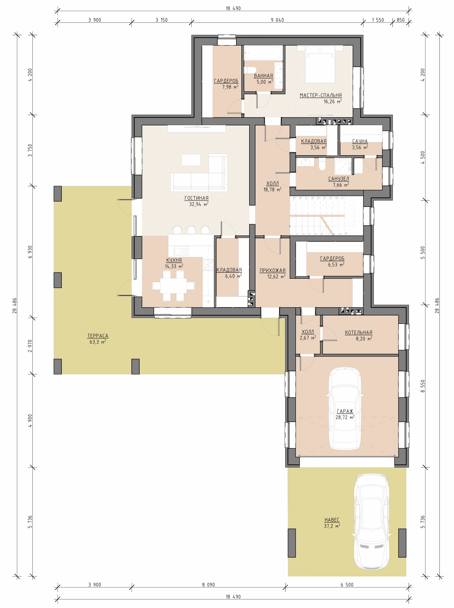 Планировка первого этажа двухэтажного дома 454 м² с кухней-столовой, гостиной, спальней, гаражом, навесом и террасой