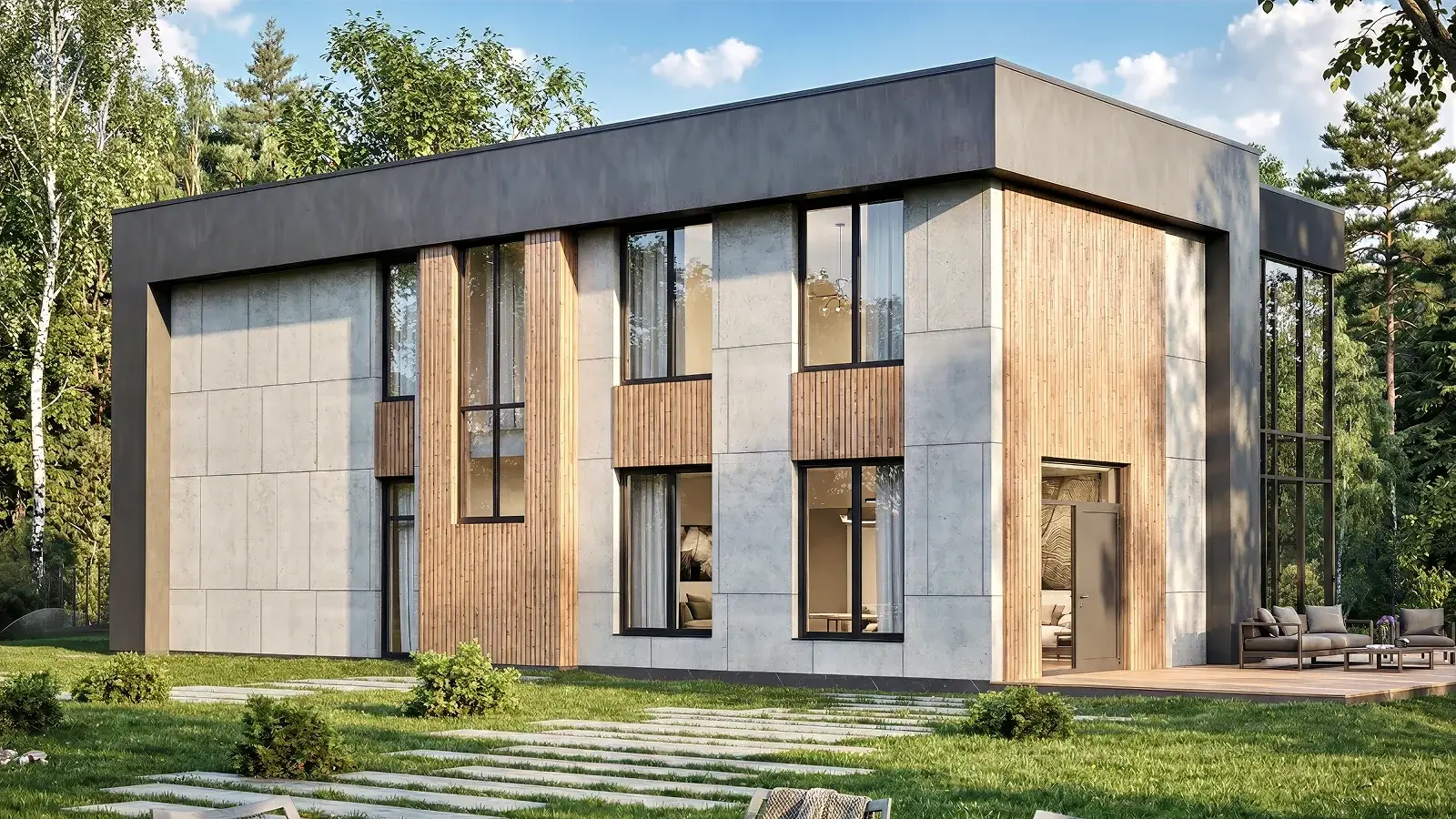 Современный дом 405 м² с высокими окнами и комбинированной отделкой фасада