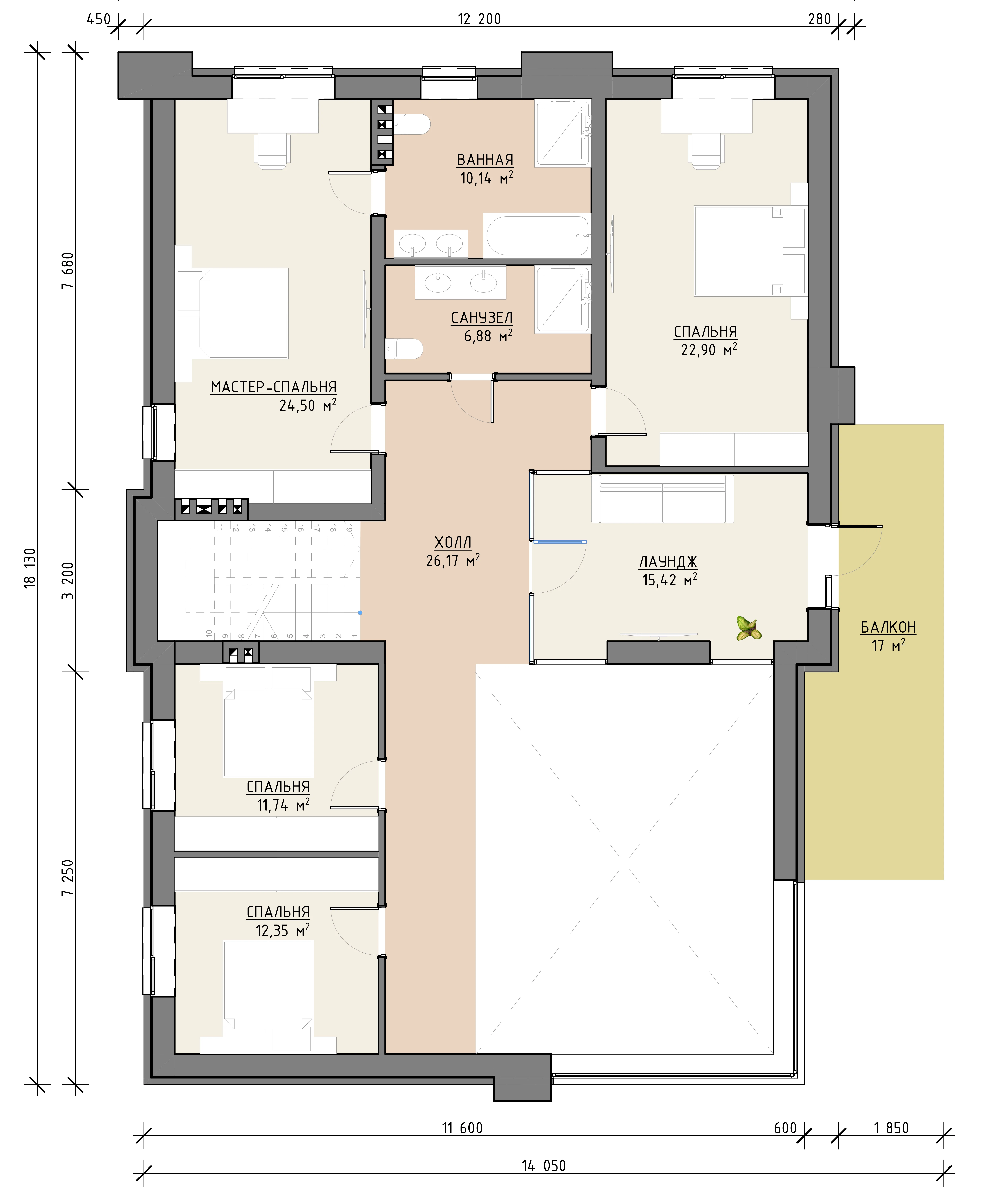 Планировка второго этажа двухэтажного дома 405 м² с мастер-спальней, тремя спальнями, кабинетом, санузлами и балконом