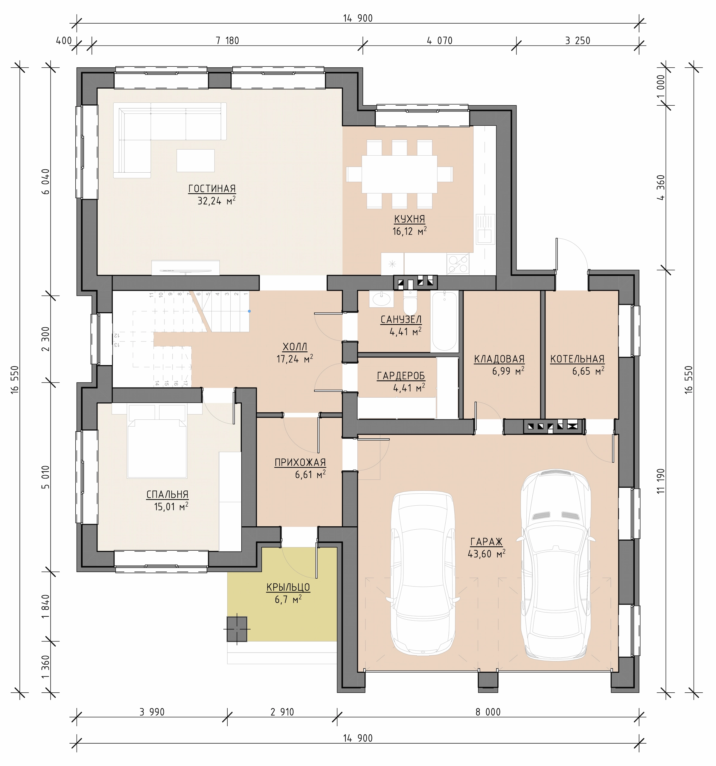 Планировка первого этажа двухэтажного дома 287 м² с гостиной, кухней, спальней, гаражом на две машины и котельной