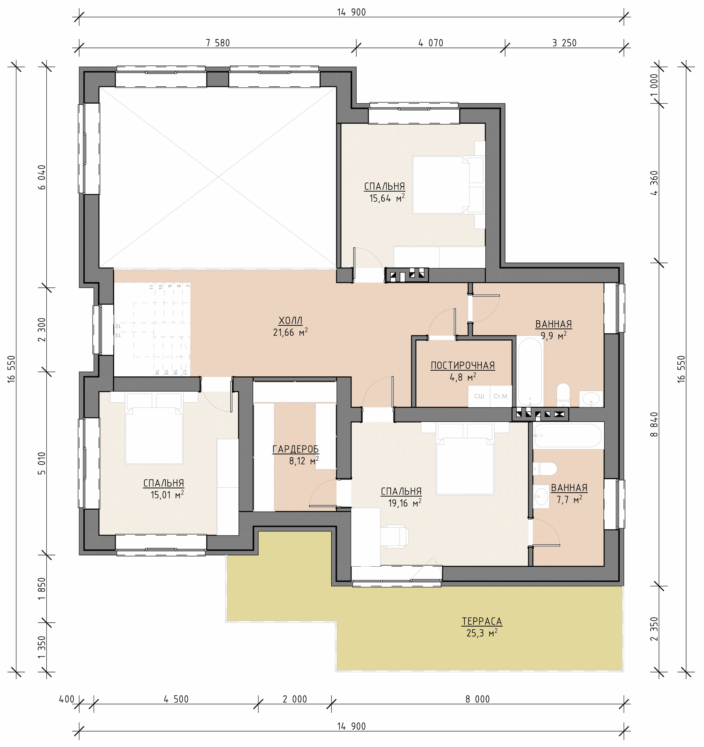 Планировка второго этажа двухэтажного дома 287 м² с тремя спальнями, постирочной, ванными и большой террасой