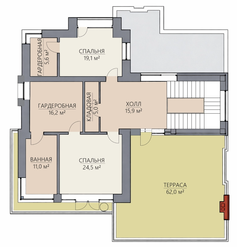 Планировка жилого этажа дома 374 м² со спальнями, гардеробной, ванной, холлом и большой террасой