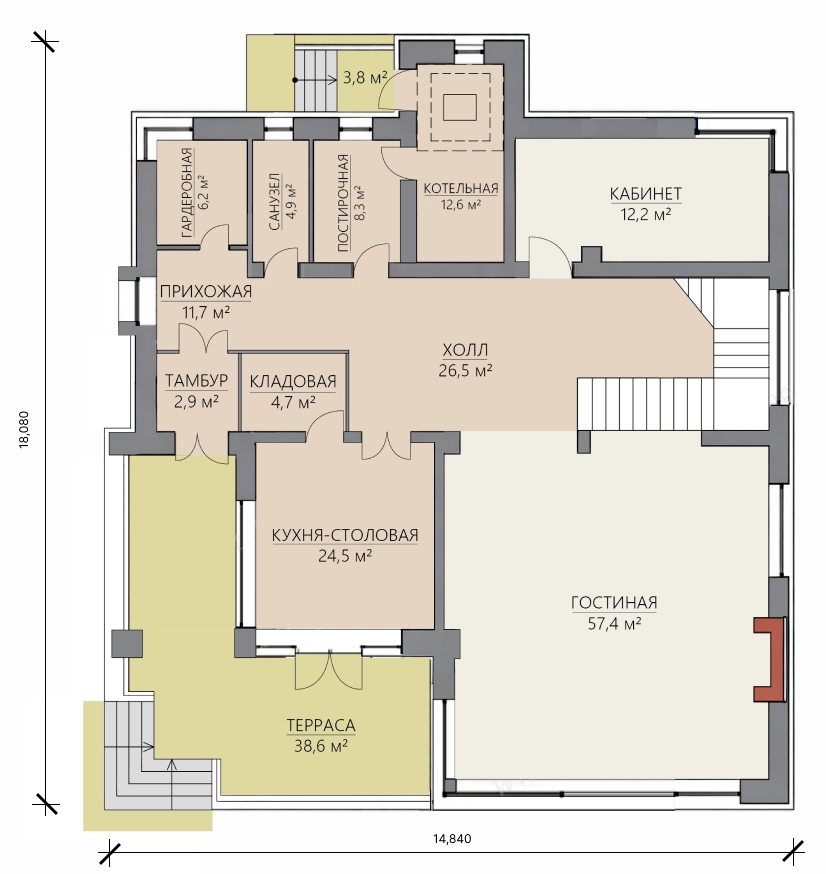 Планировка этажа дома 374 м² с гостиной, кухней-столовой, кабинетом, кладовой, котельной и террасой