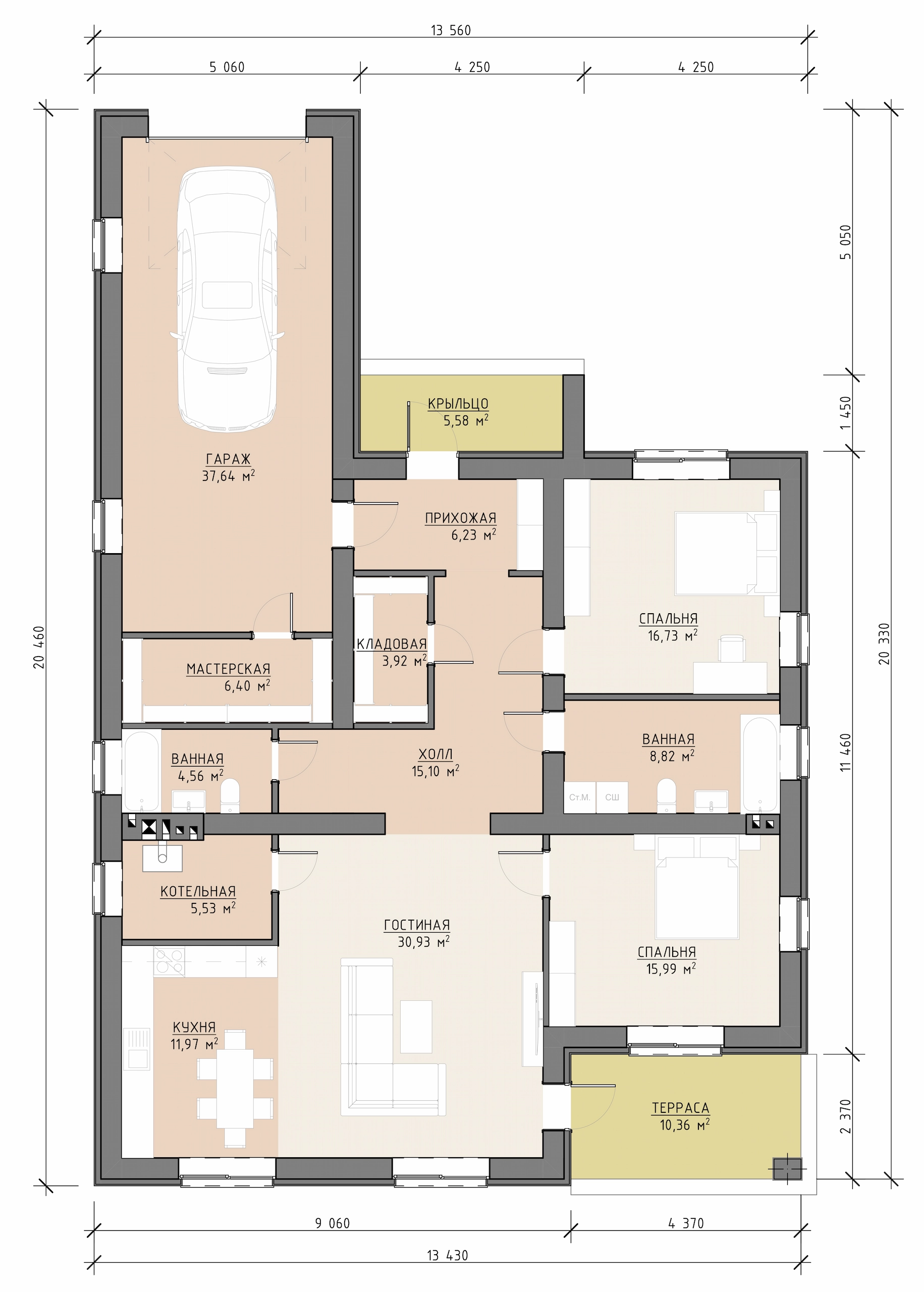 Планировка одноэтажного дома 180 м² с гостиной, кухней, тремя спальнями, мастерской, гаражом и террасой