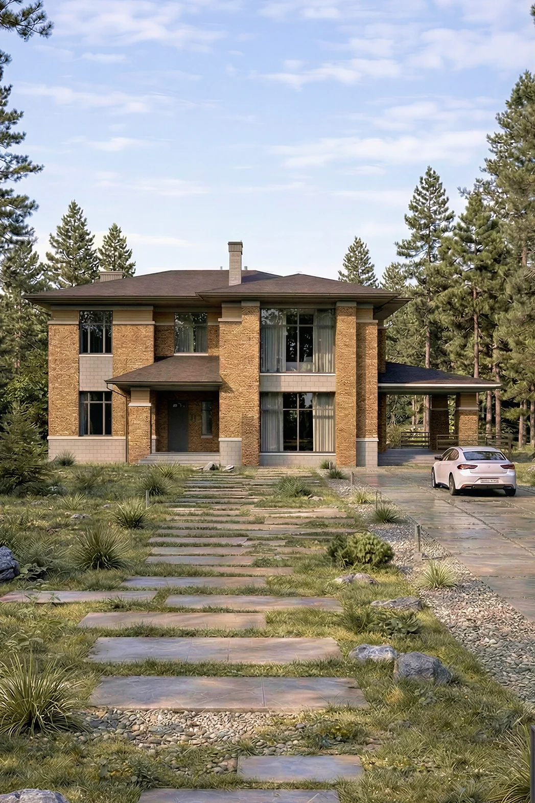 Проект двухэтажного кирпичного дома 350 м² в современной классике с вальмовой кровлей