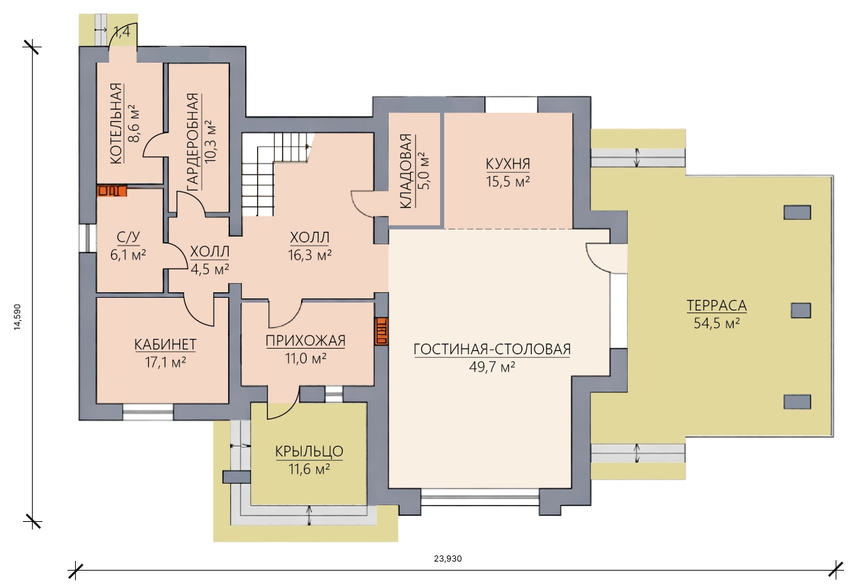 Планировка первого этажа двухэтажного дома 350 м² с гостиной-столовой, кухней, кабинетом, кладовой и террасой