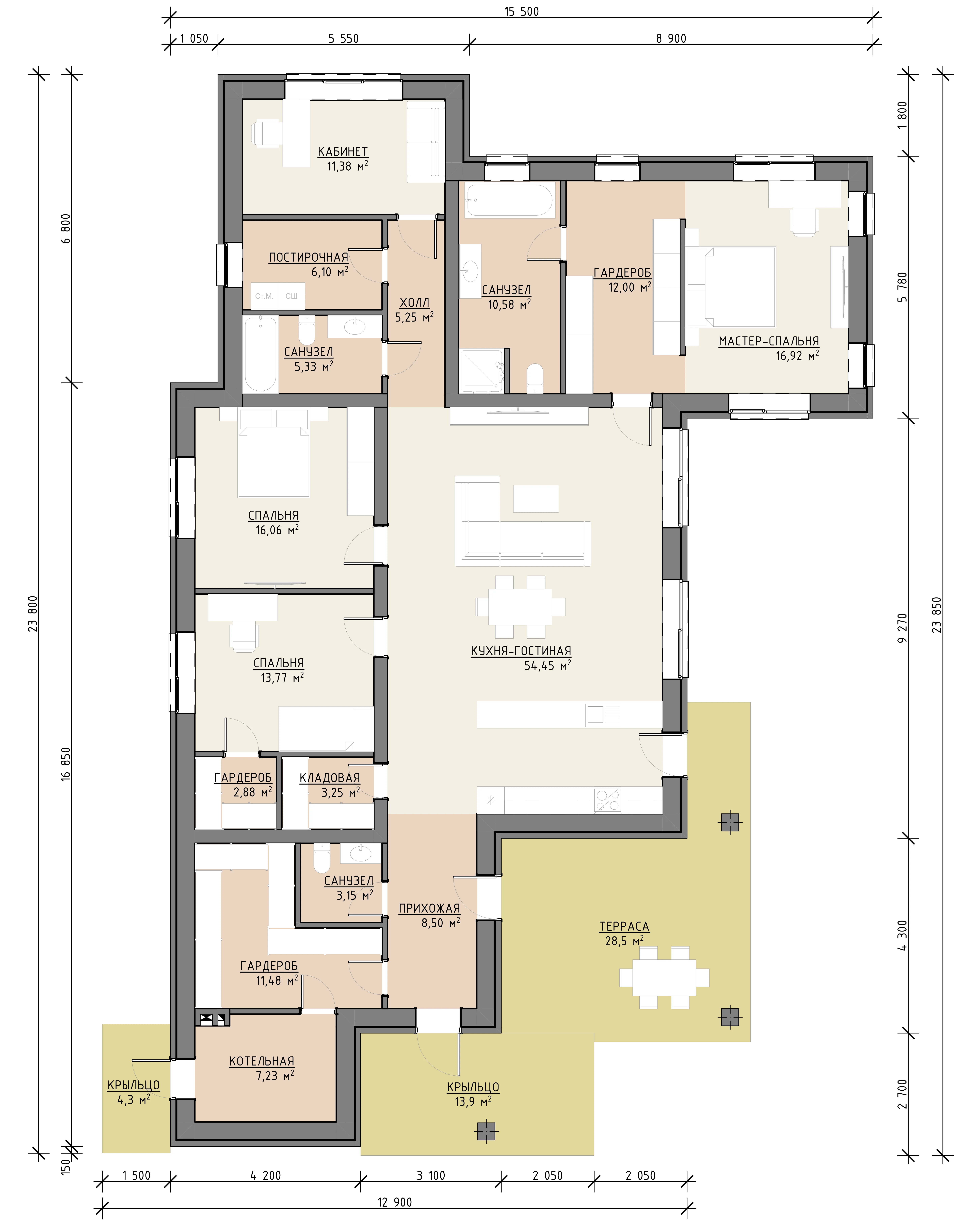 Планировка одноэтажного дома 235 м² с кухней-гостиной, мастер-спальней, двумя спальнями, кабинетом и террасой