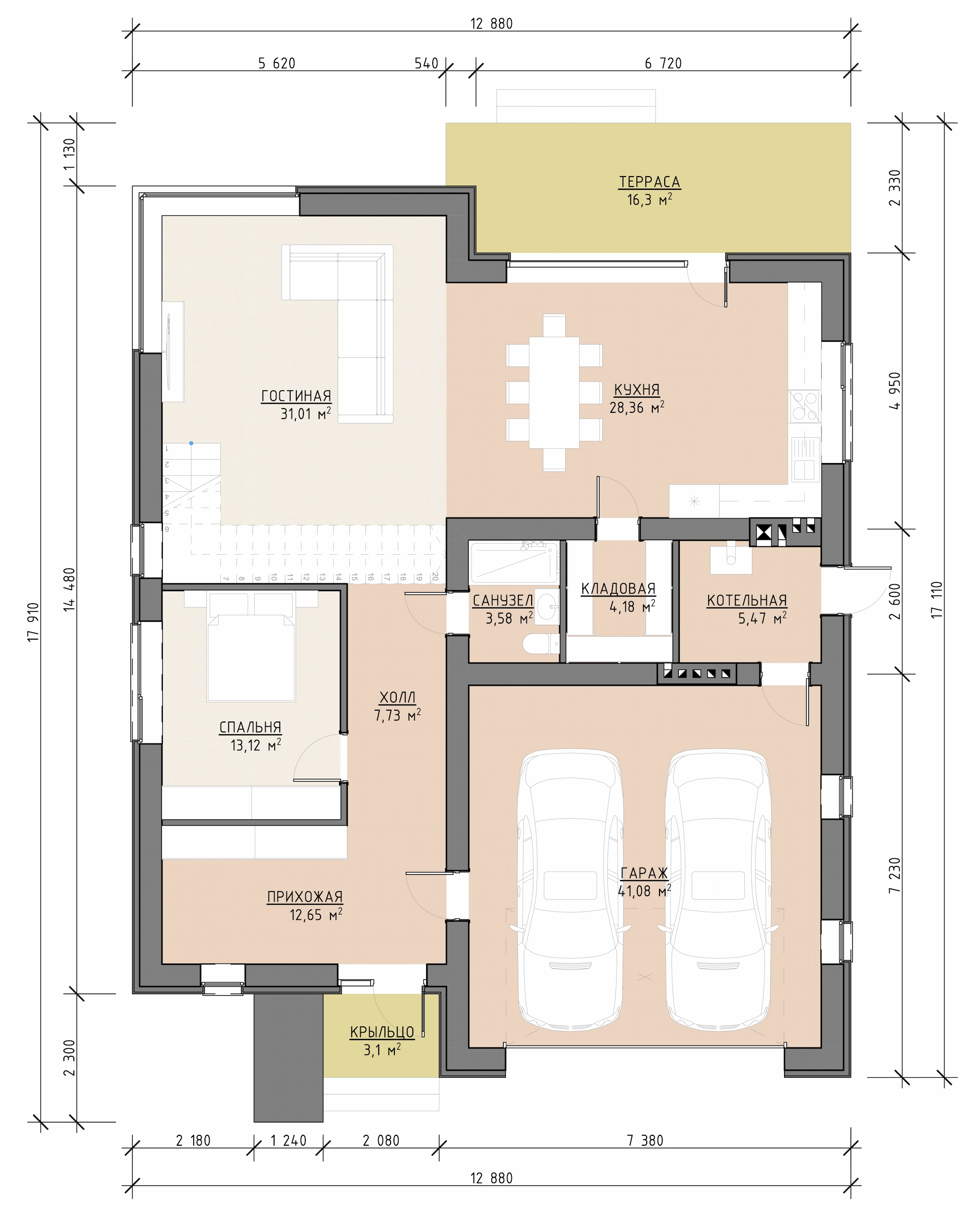 Планировка первого этажа двухэтажного дома 299 м² с гостиной, кухней, спальней, гаражом на две машины и террасой