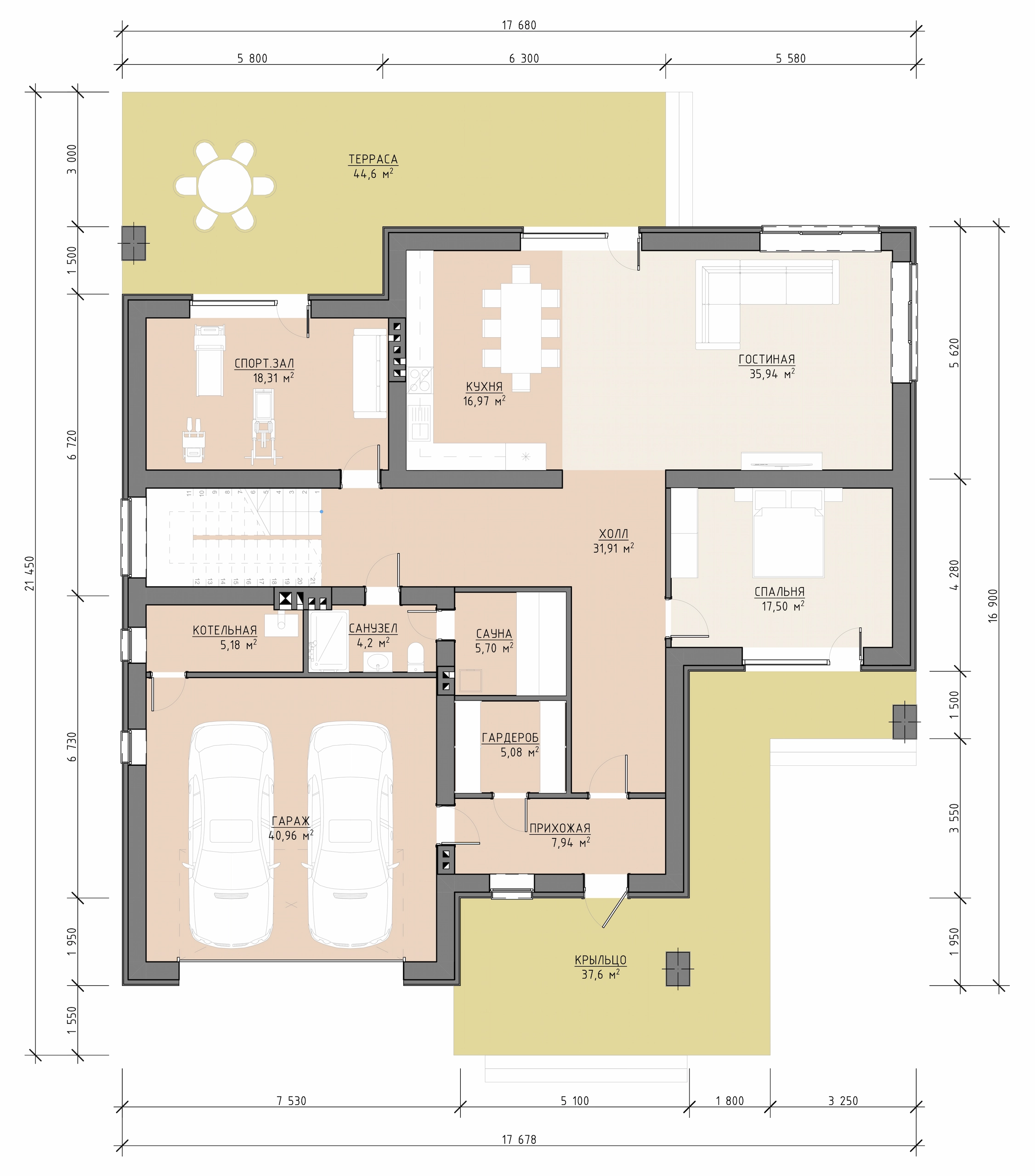 Планировка первого этажа двухэтажного дома 462 м² с кухней, гостиной, спальней, спортзалом, сауной, гаражом и террасой