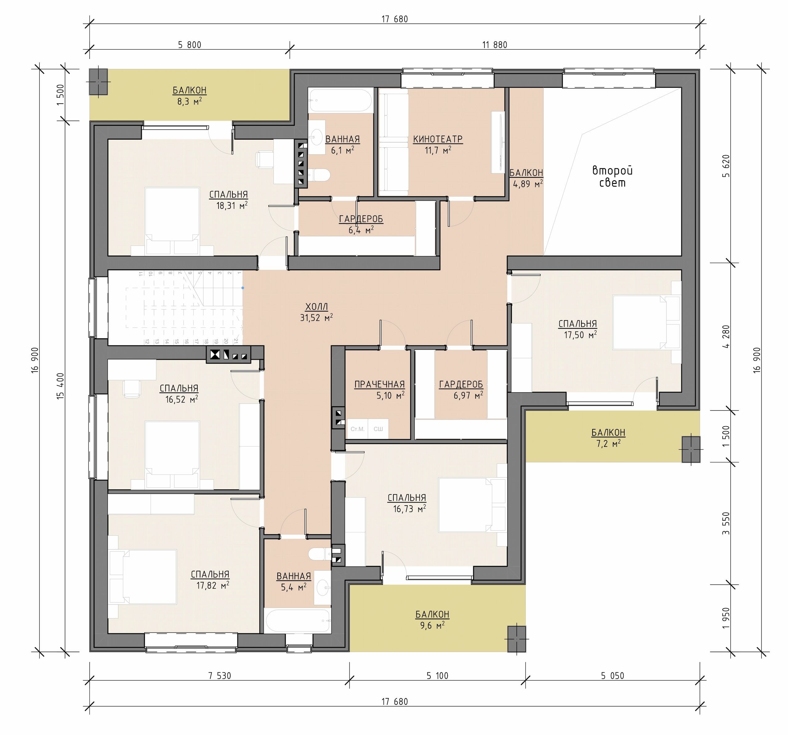 Планировка второго этажа двухэтажного дома 462 м² с пятью спальнями, кинотеатром, вторым светом, прачечной и балконами