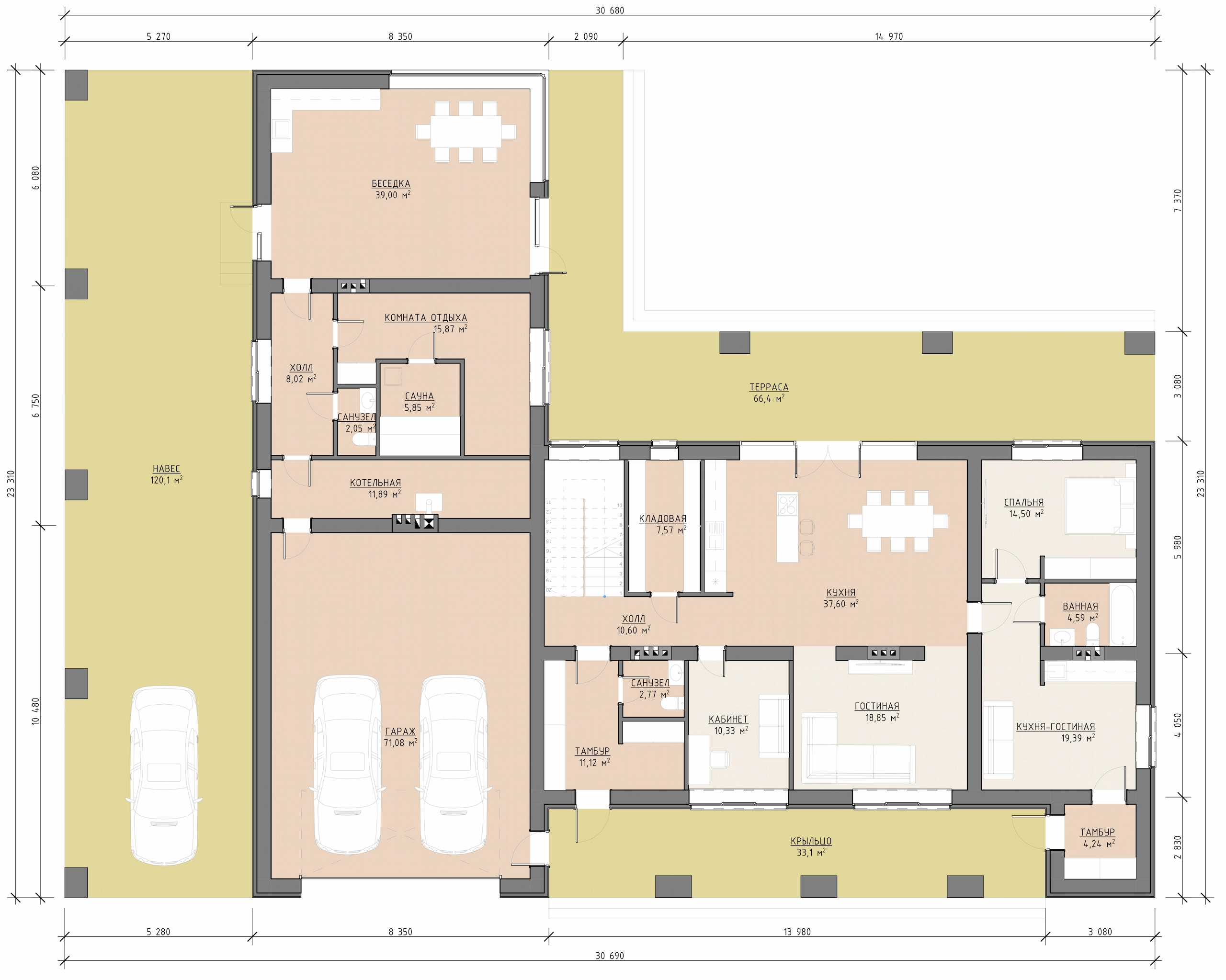 Планировка первого этажа двухэтажного дома 617 м² с гостиной, кухней, кабинетом, спальней, гаражом, сауной и террасой