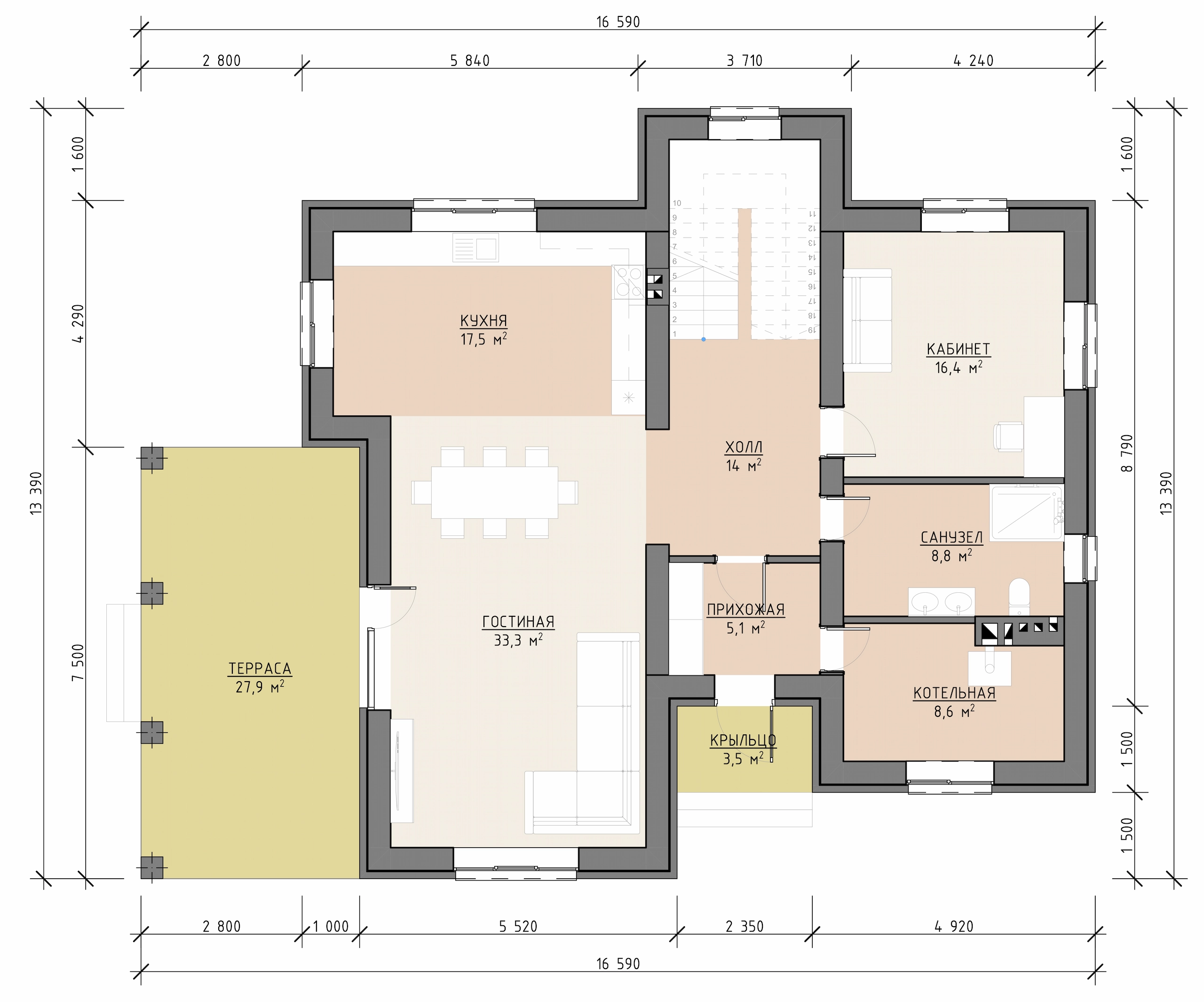 Планировка первого этажа двухэтажного дома 234 м² с гостиной, кухней, кабинетом, котельной и террасой