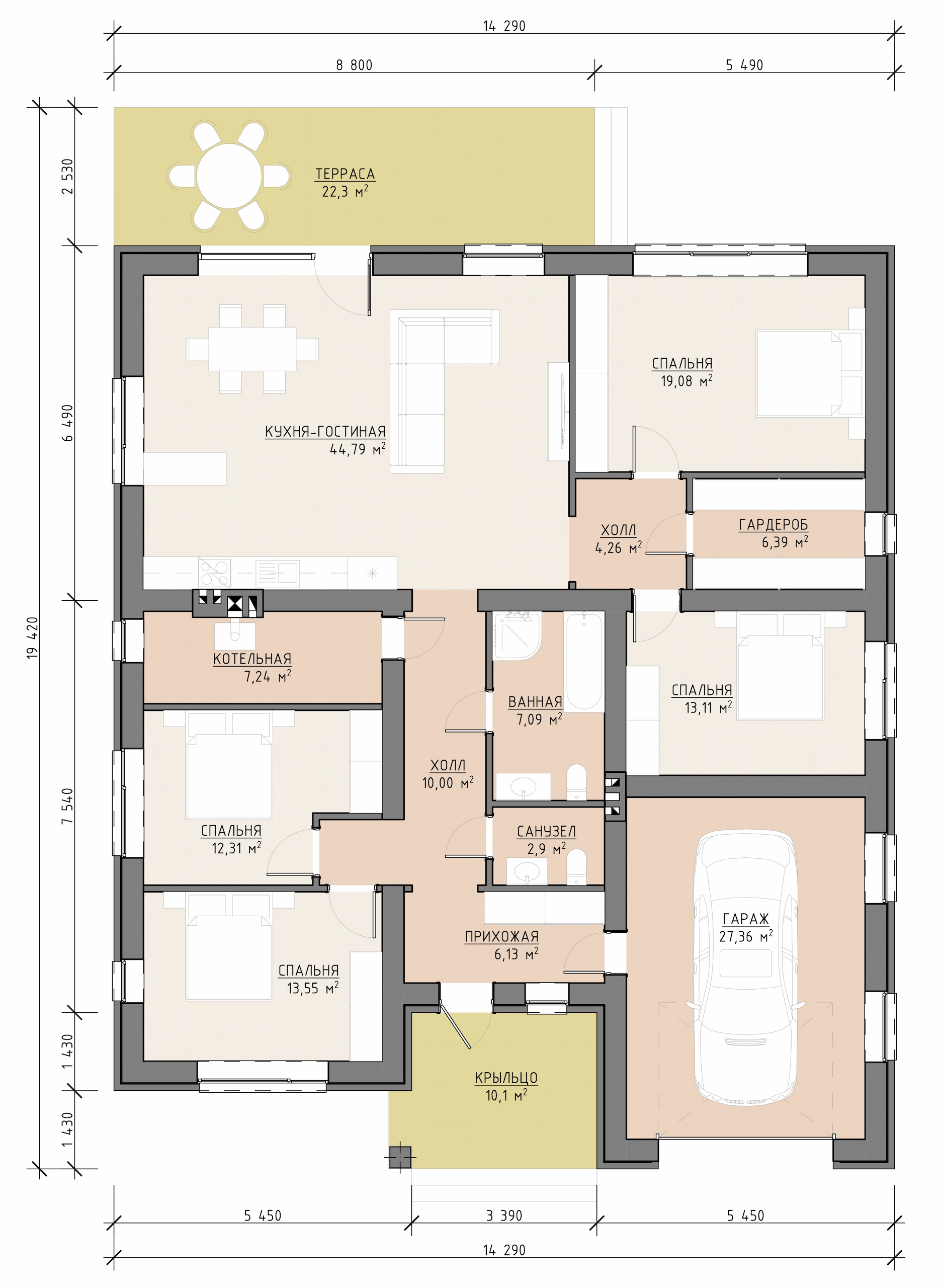 Планировка одноэтажного дома 207 м² с кухней-гостиной, четырьмя спальнями, гаражом, двумя санузлами и террасой