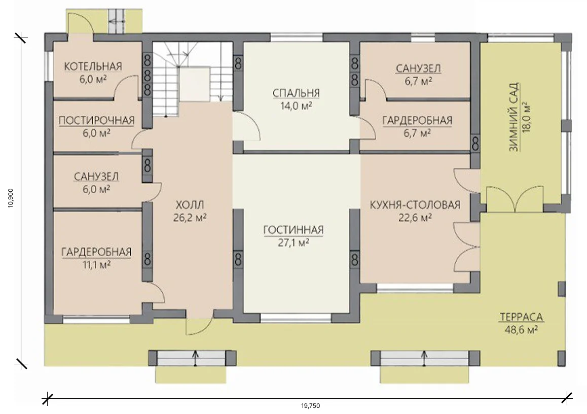 Планировка первого этажа двухэтажного дома 291 м² с гостиной, кухней-столовой, спальней, гардеробной и зимним садом