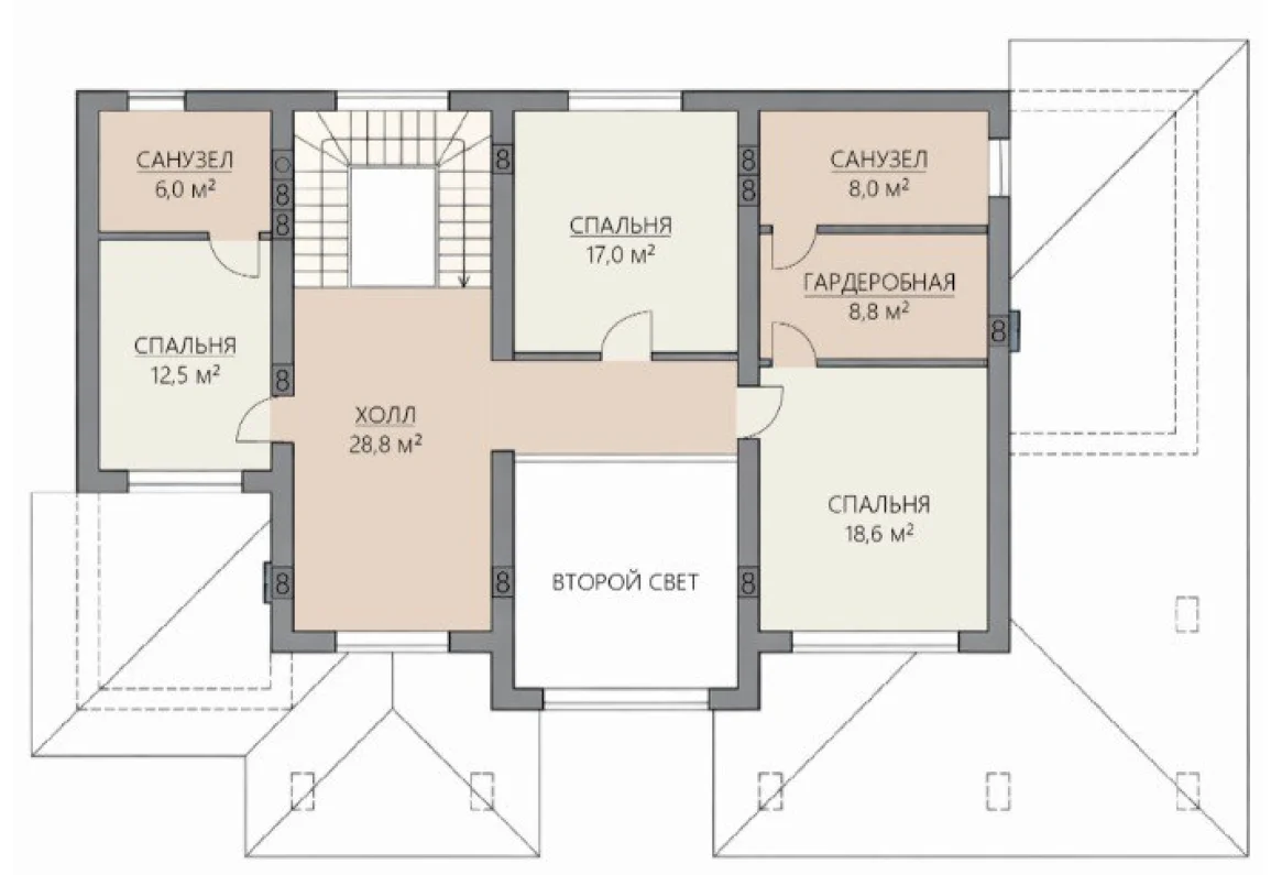 Планировка второго этажа двухэтажного дома 291 м² с тремя спальнями, гардеробной, санузлами и зоной второго света