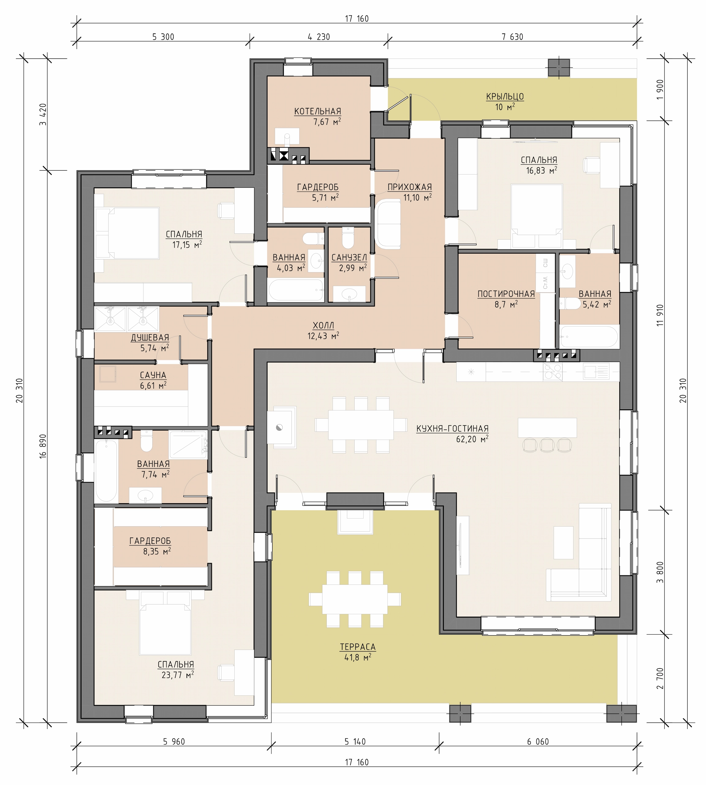 Планировка одноэтажного дома 258 м² с кухней-гостиной, тремя спальнями, сауной, душевой, гардеробными и террасой