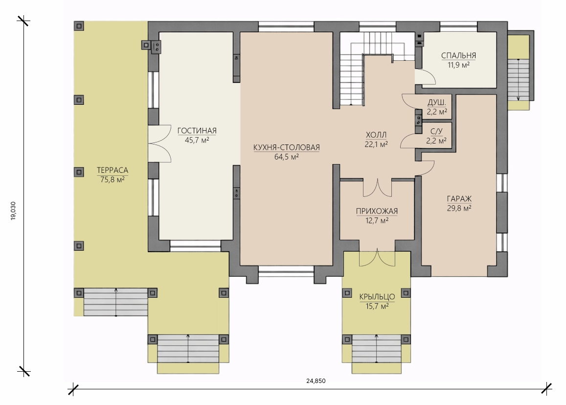 Планировка первого этажа двухэтажного дома 460 м² с гостиной, кухней-столовой, спальней, гаражом и большой террасой