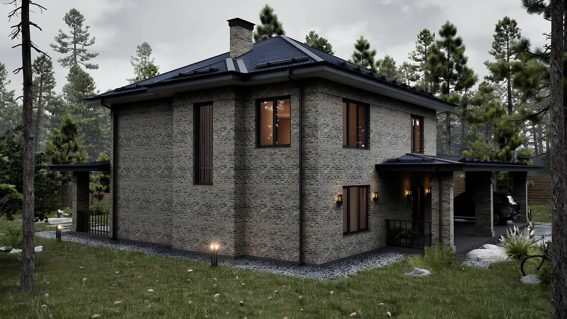 Двухэтажный дом 324 м² с вальмовой кровлей, гаражом и террасой