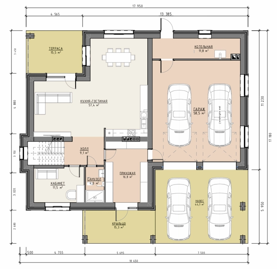 Планировка первого этажа двухэтажного дома 324 м² с кухней-гостиной, кабинетом, гаражом на две машины, навесом и террасой