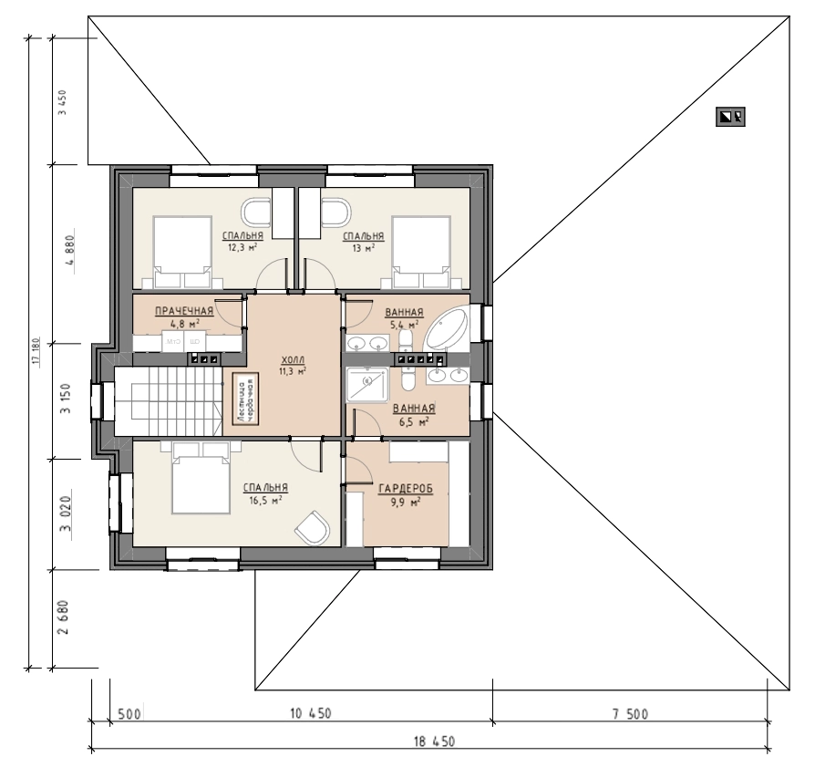 Планировка второго этажа двухэтажного дома 324 м² с тремя спальнями, прачечной, гардеробом и ванными