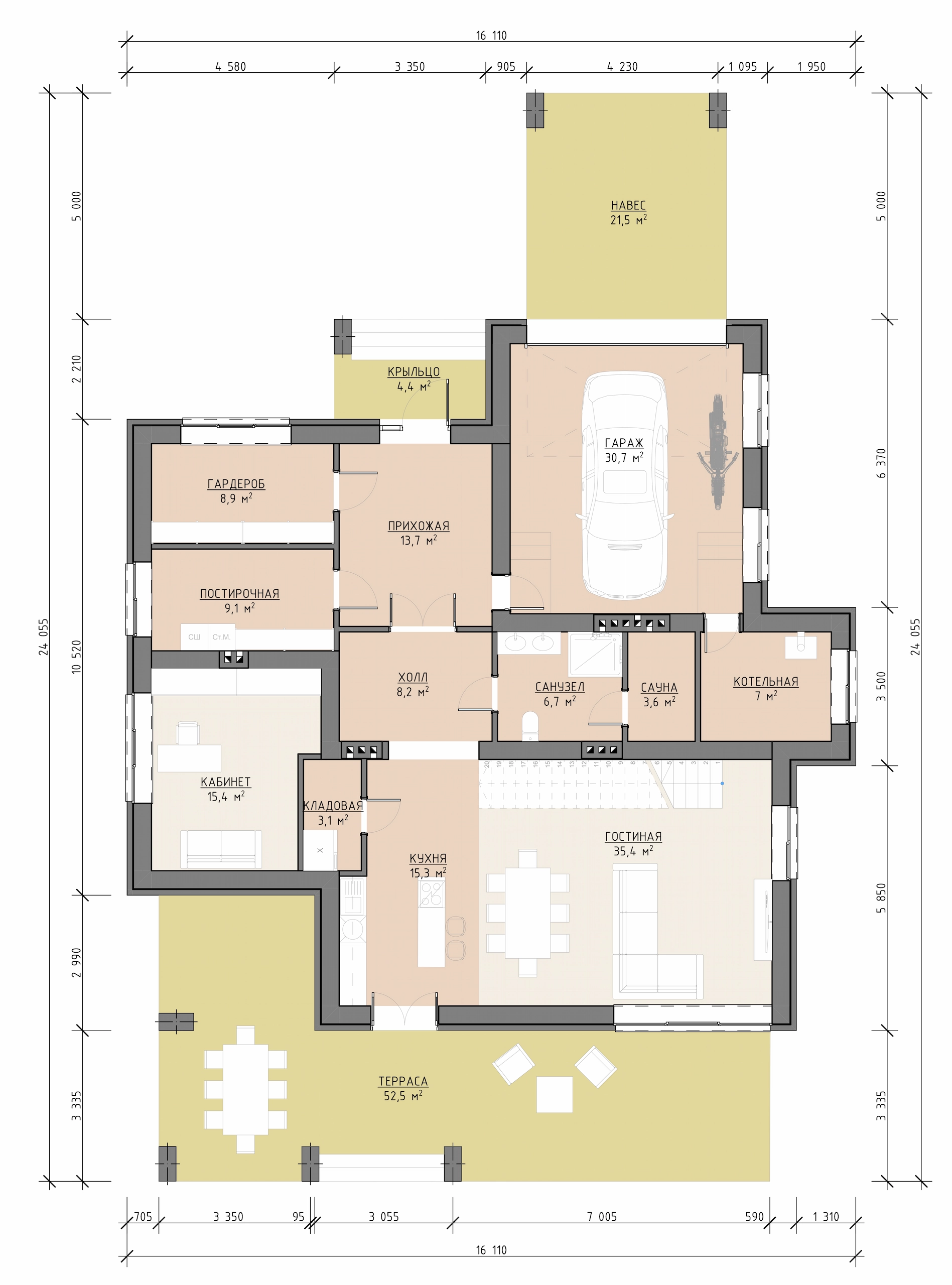 Планировка первого этажа двухэтажного дома 365 м² с гостиной, кухней, кабинетом, сауной, гаражом и террасой